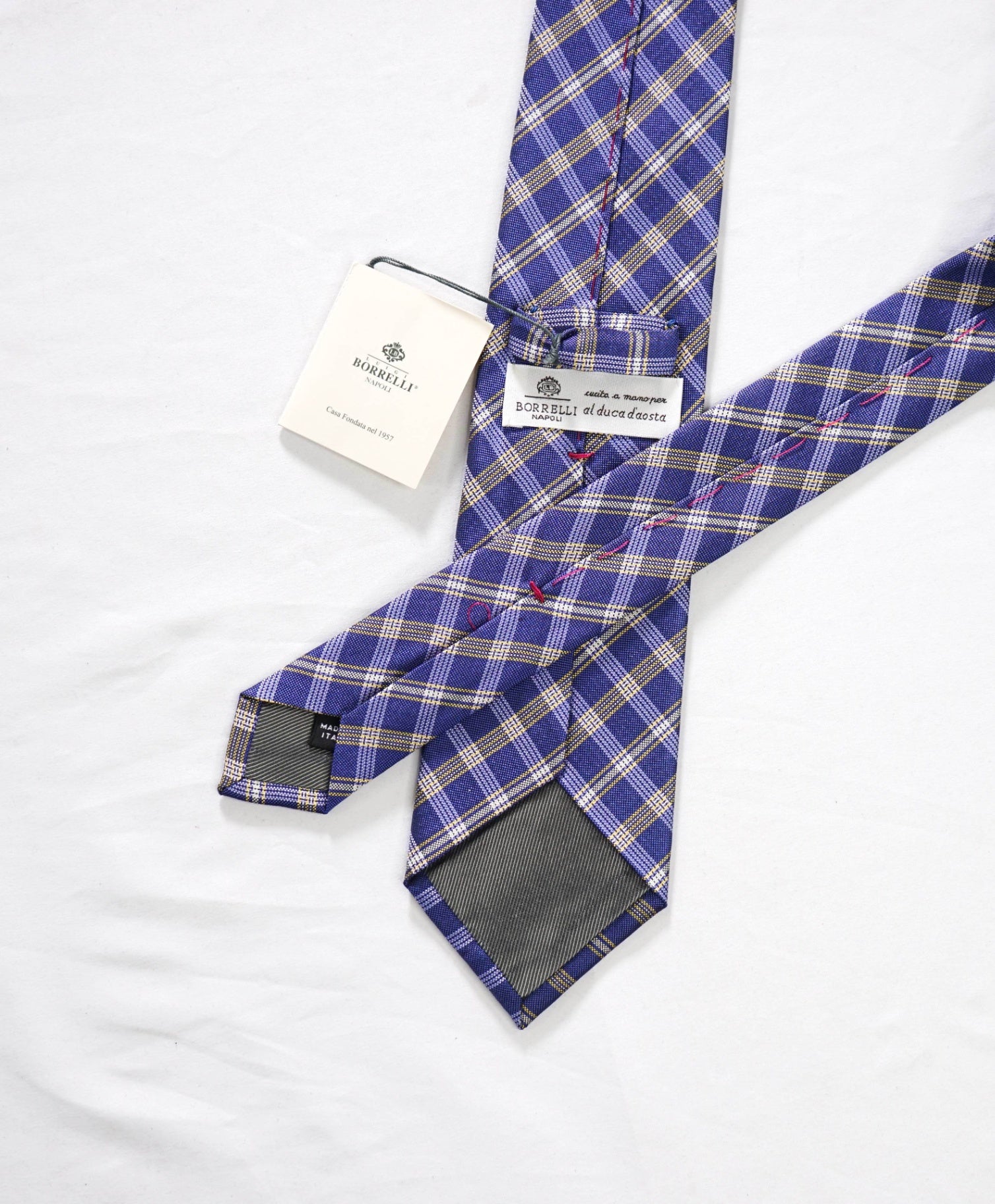 $235 LUIGI BORRELLI - Blue/Yellow Plaid Silk - 3.25" Tie