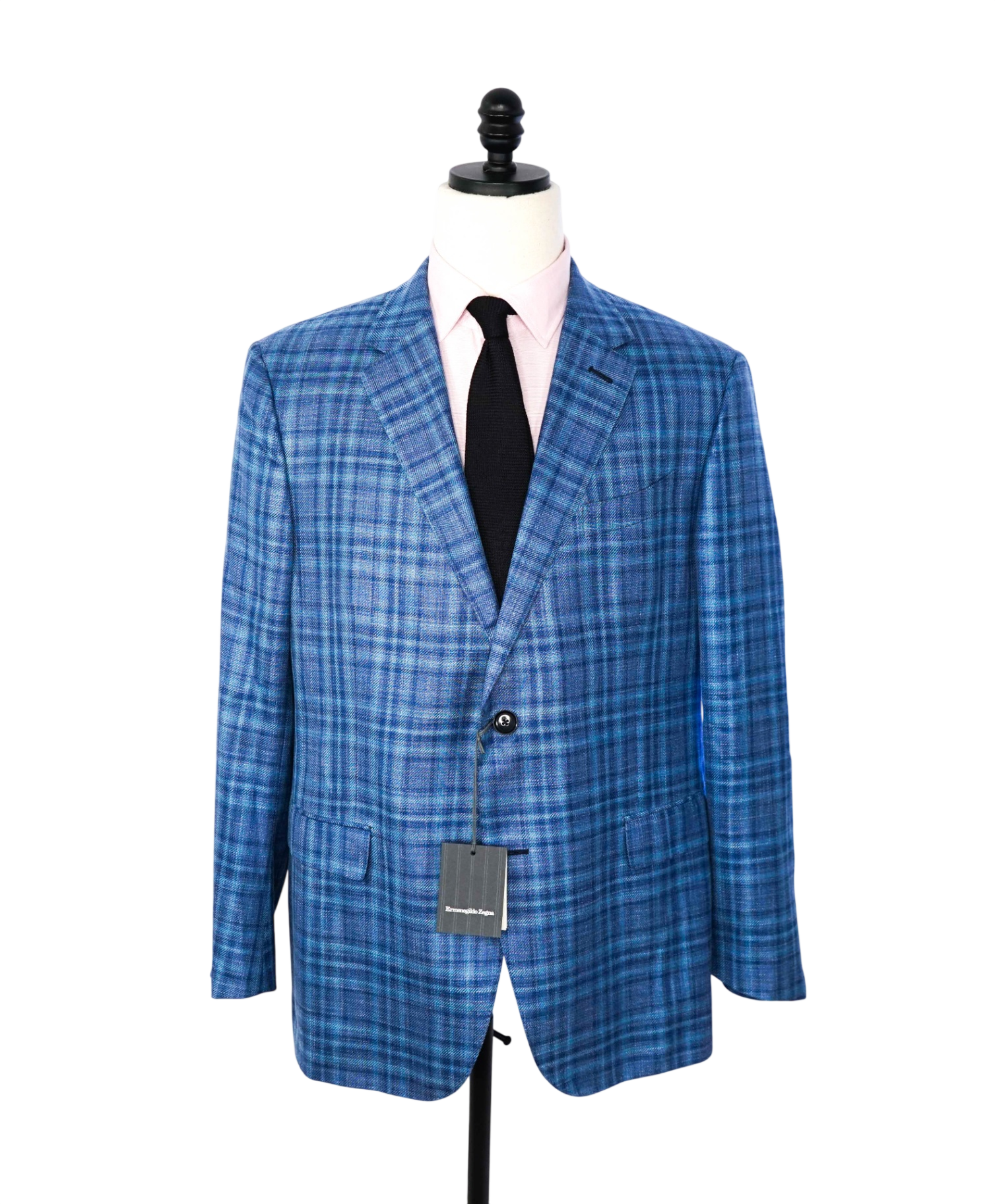 $2,990 ZEGNA - Blue Plaid Wool/Silk/Linen Blazer - 46R