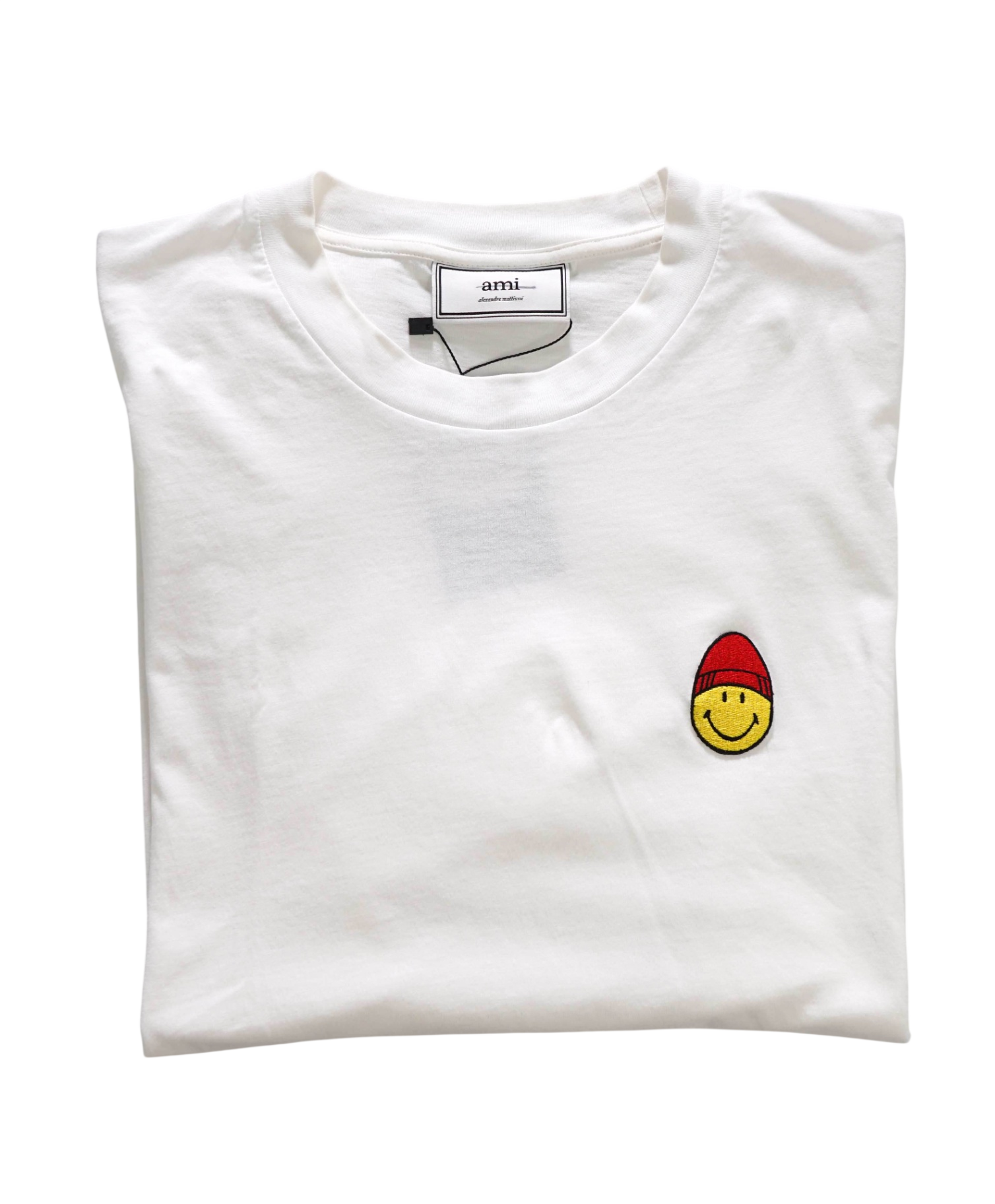 $130 AMI - Solid White Cotton Smiley T Shirt - L