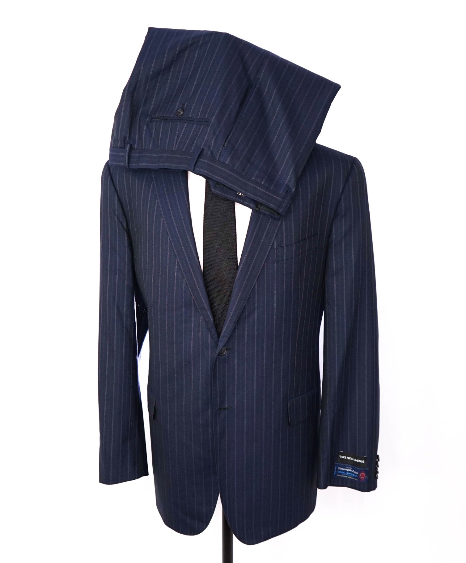 $995 ZEGNA For SFA - Navy Blue Stripe Wool Suit - 46L