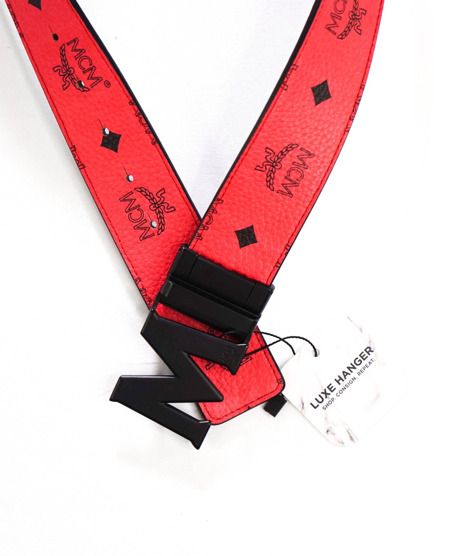 $350 MCM - Black/Red Claus M Leather Reversible Belt -34W