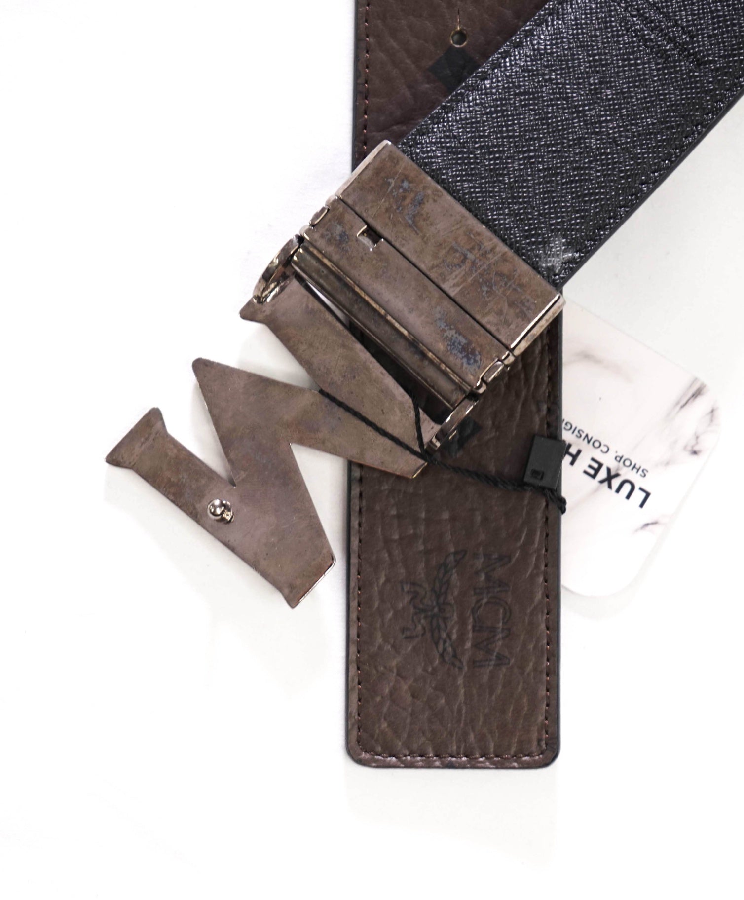 $350 MCM - Black/Dark Brown Claus M Leather Reversible Belt - 48W