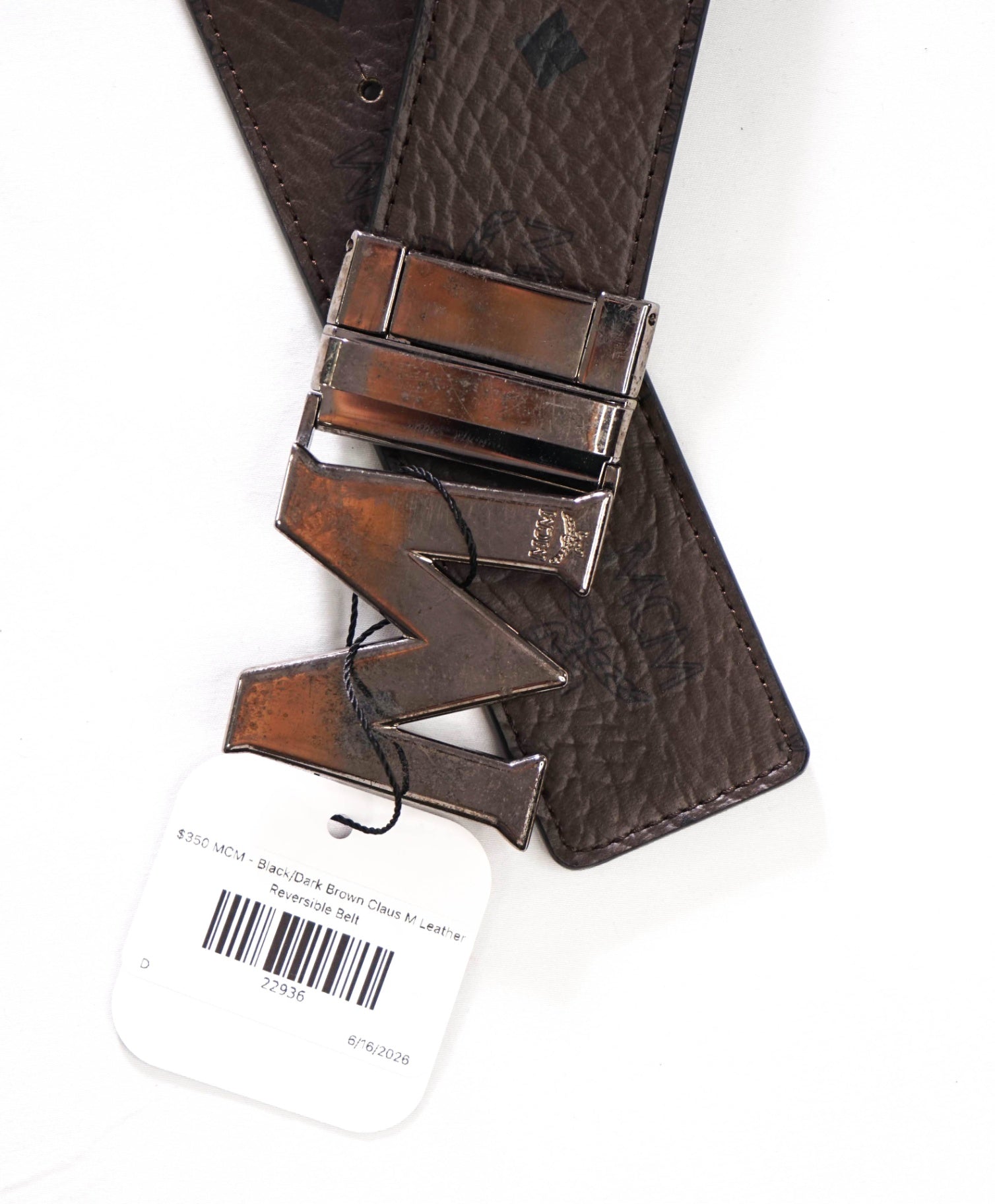 $350 MCM - Black/Dark Brown Claus M Leather Reversible Belt - 48W