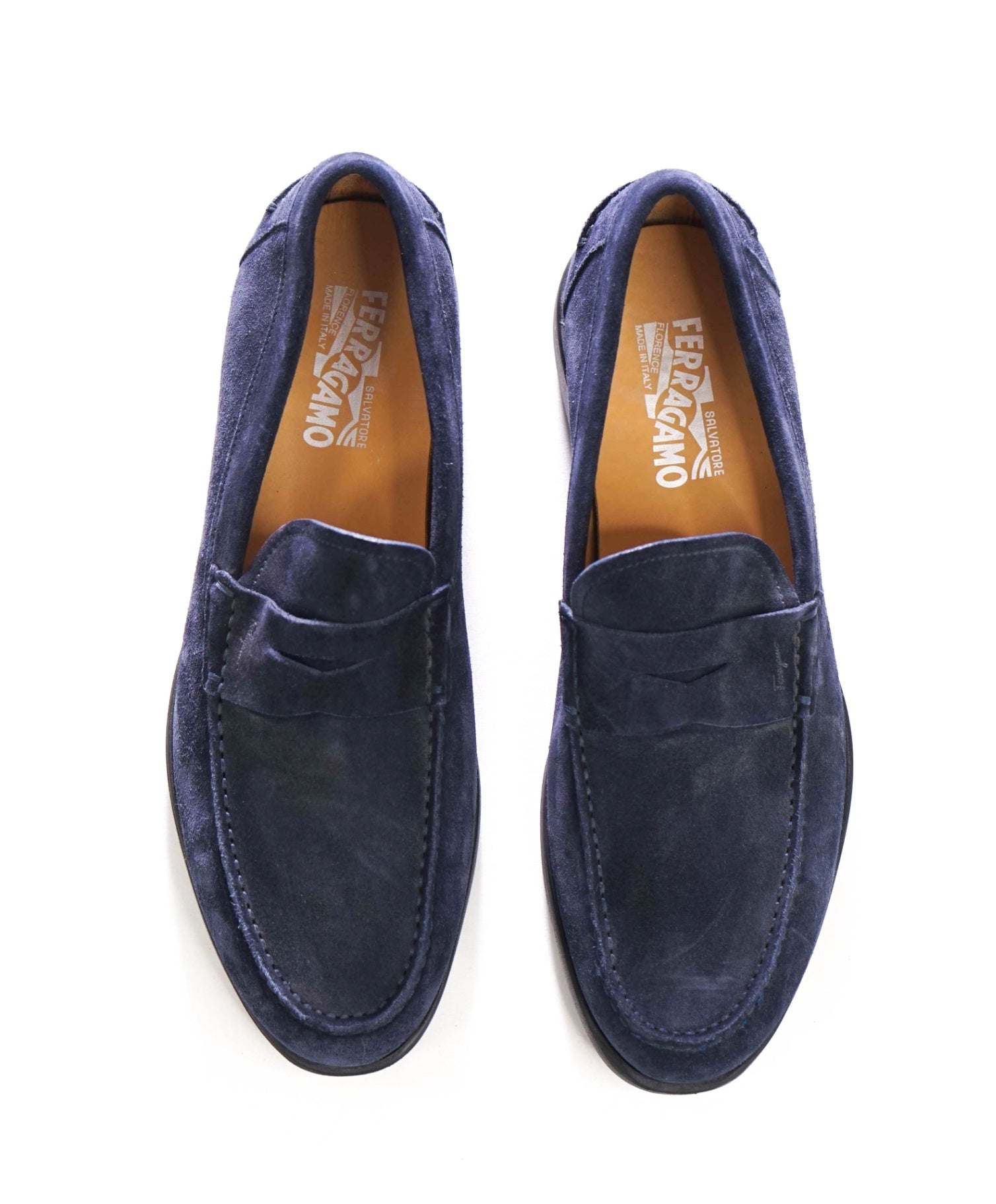 $850 FERRAGAMO - Navy Blue Suede Penny Loafers - 9 D