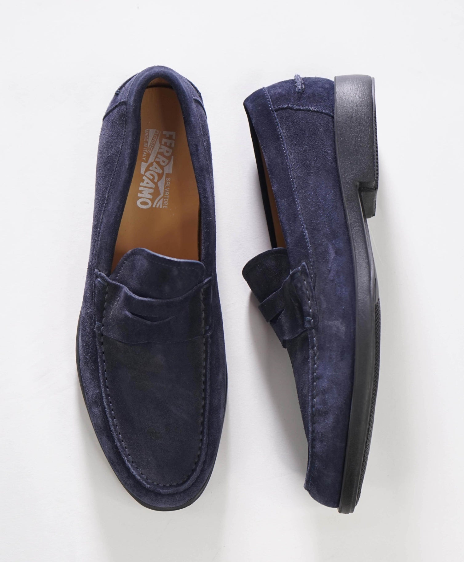$850 FERRAGAMO - Navy Blue Suede Penny Loafers - 9 D