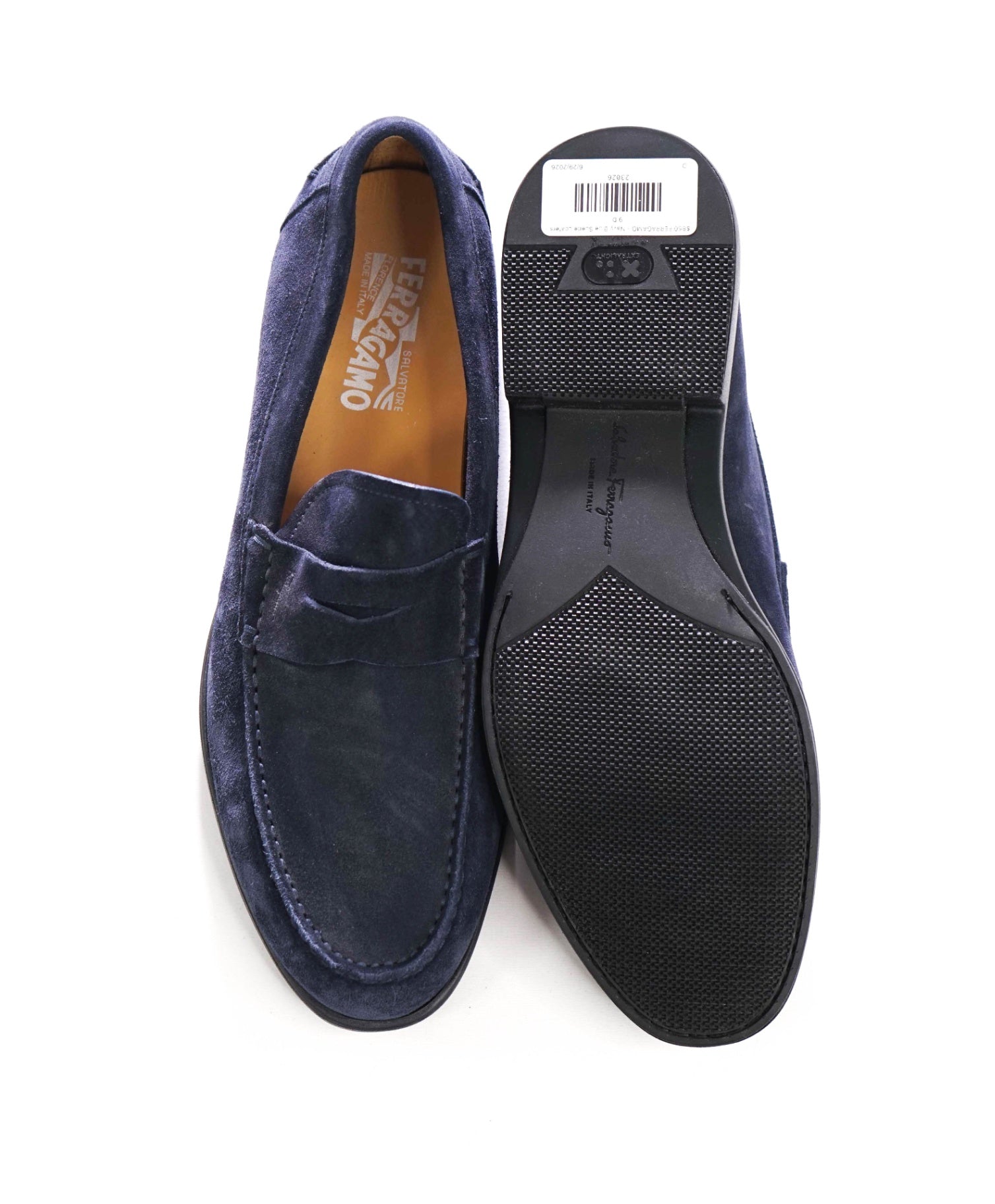 $850 FERRAGAMO - Navy Blue Suede Penny Loafers - 9 D