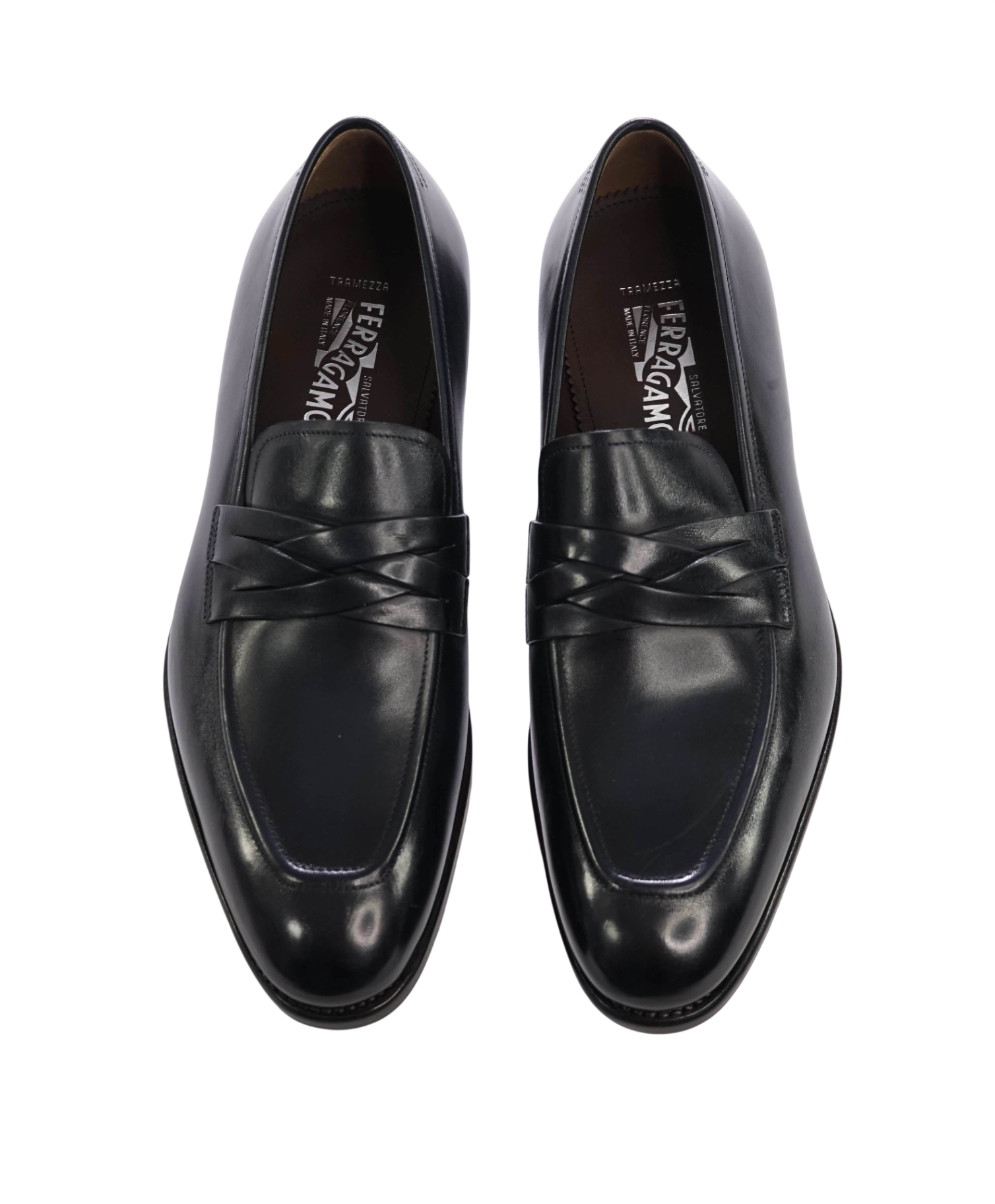 $1,495 FERRAGAMO "TRAMEZZA" - Navy Leather Loafers - 7.5 EE