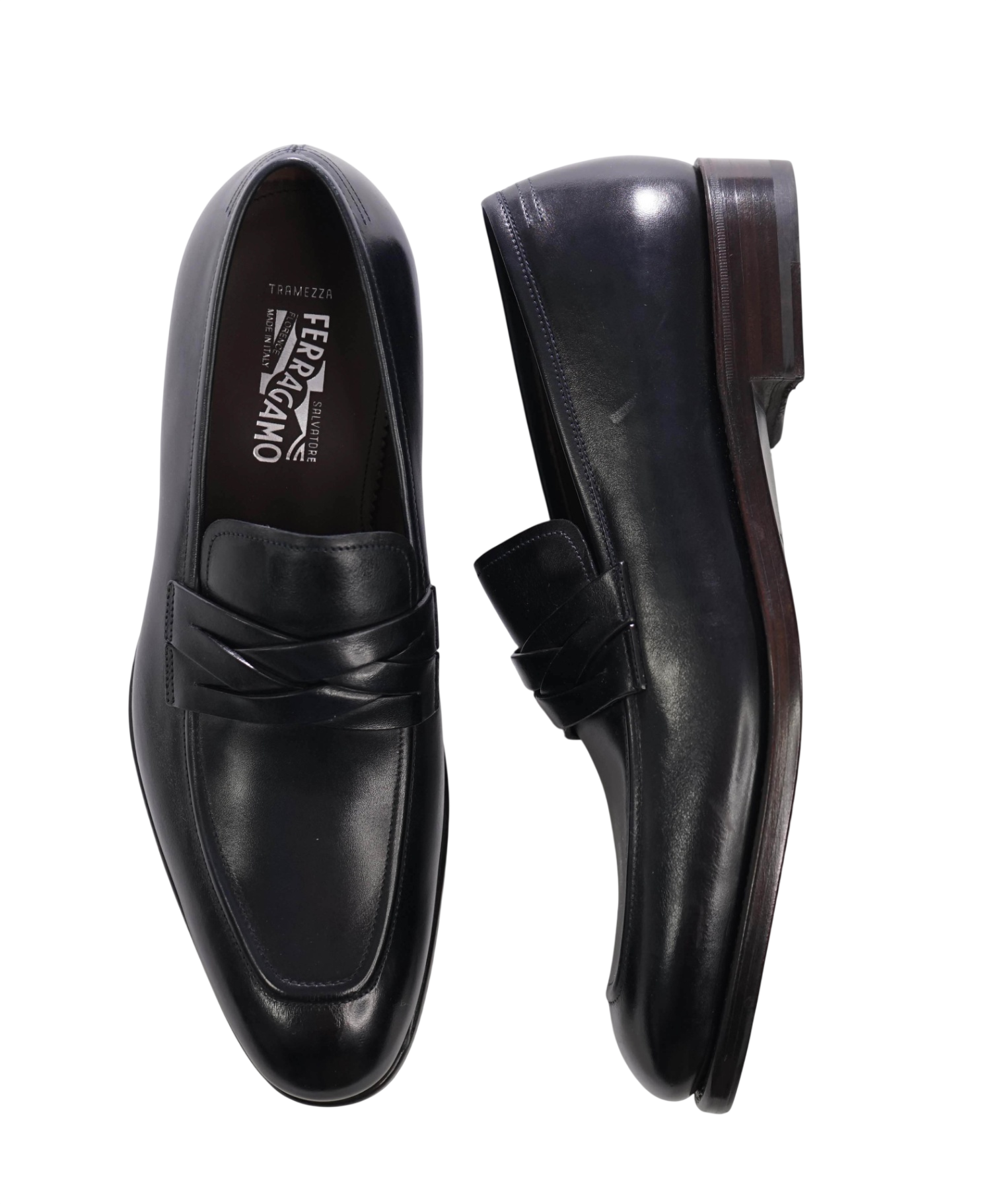 $1,495 FERRAGAMO "TRAMEZZA" - Navy Leather Loafers - 7.5 EE