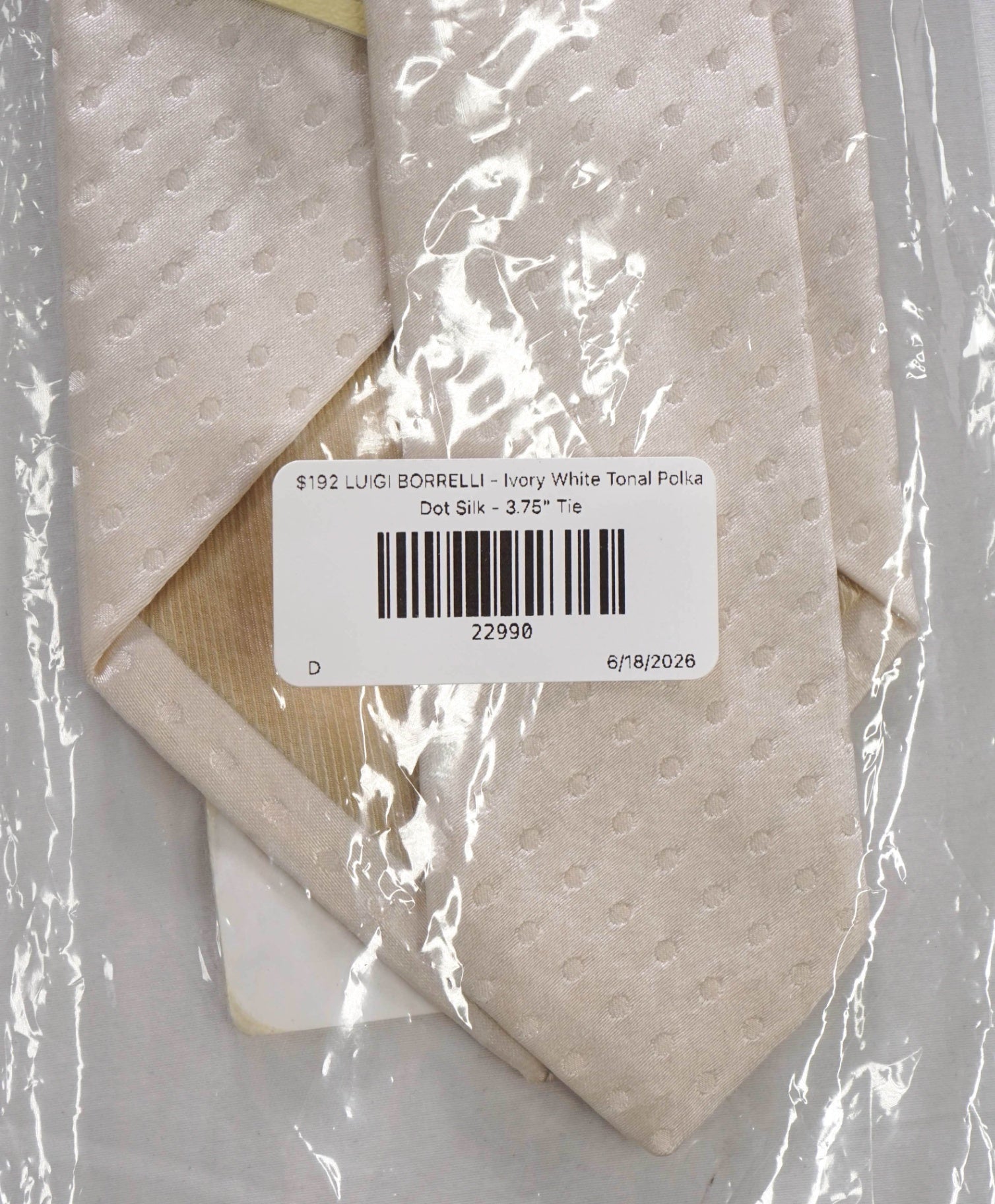 $192 LUIGI BORRELLI - Ivory White Tonal Polka Dot Silk - 3.75" Tie