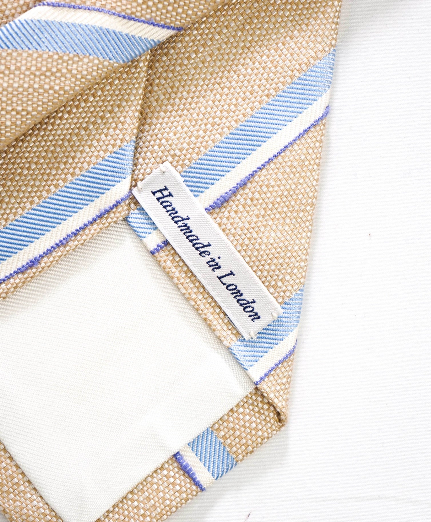 $275 DRAKE'S - Textured Tan/Blue Stripe Silk/Linen - 3.25" Tie