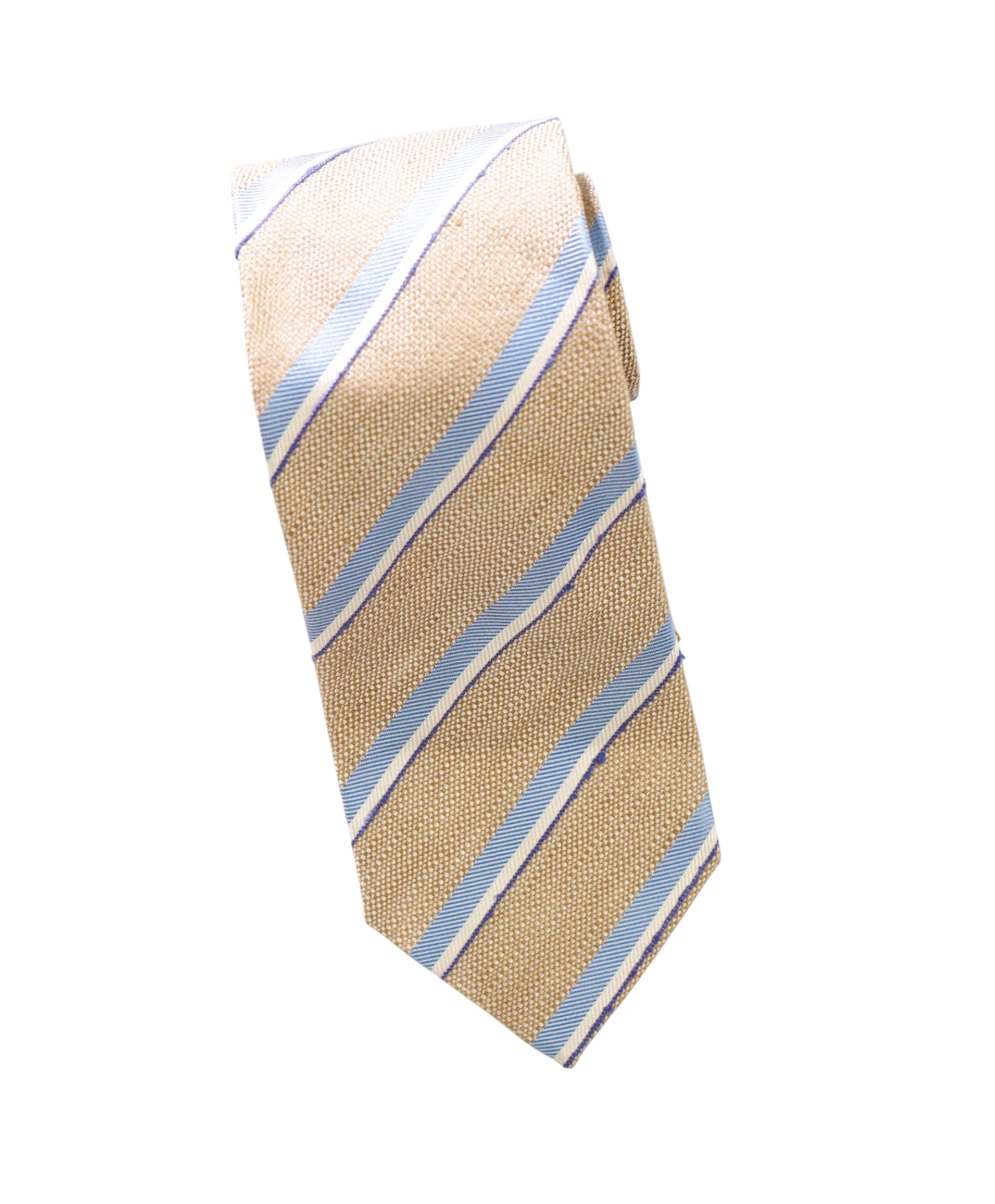 $275 DRAKE'S - Textured Tan/Blue Stripe Silk/Linen - 3.25" Tie