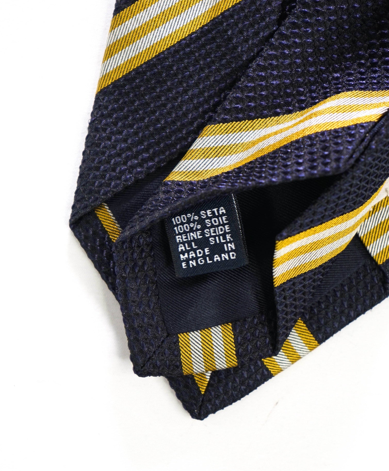 $275 DRAKE'S - Textured Navy/Yellow Stripe Silk - 3" Tie