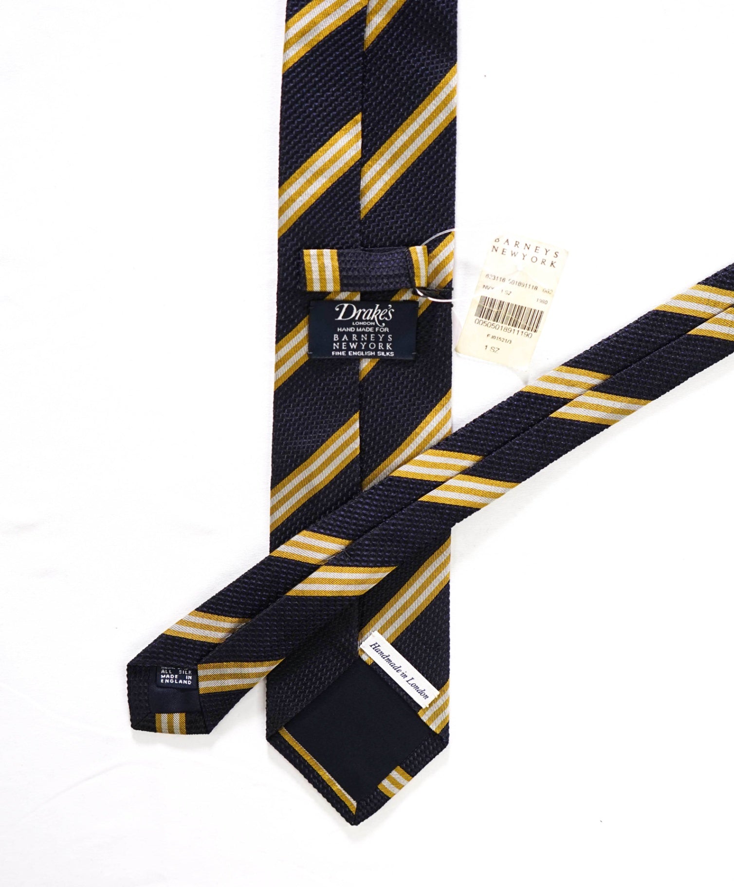 $275 DRAKE'S - Textured Navy/Yellow Stripe Silk - 3" Tie
