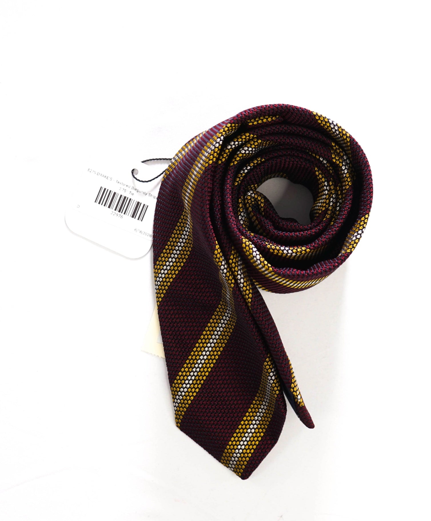 $275 DRAKE'S - Textured Burgundy/Yellow Stripe Silk - 2.75" Tie