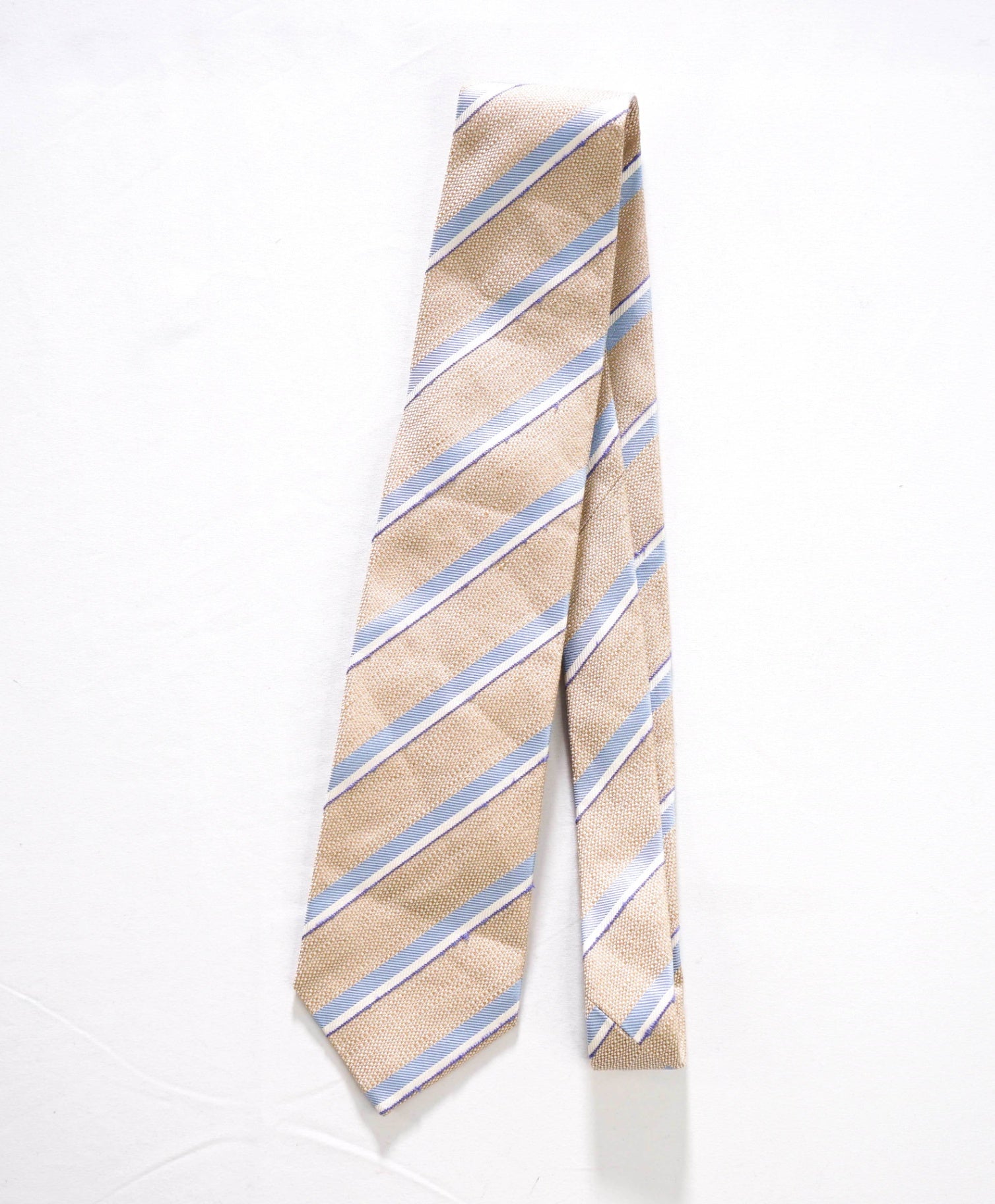 $275 DRAKE'S - Textured Tan/Blue Stripe Silk/Linen - 3.25" Tie