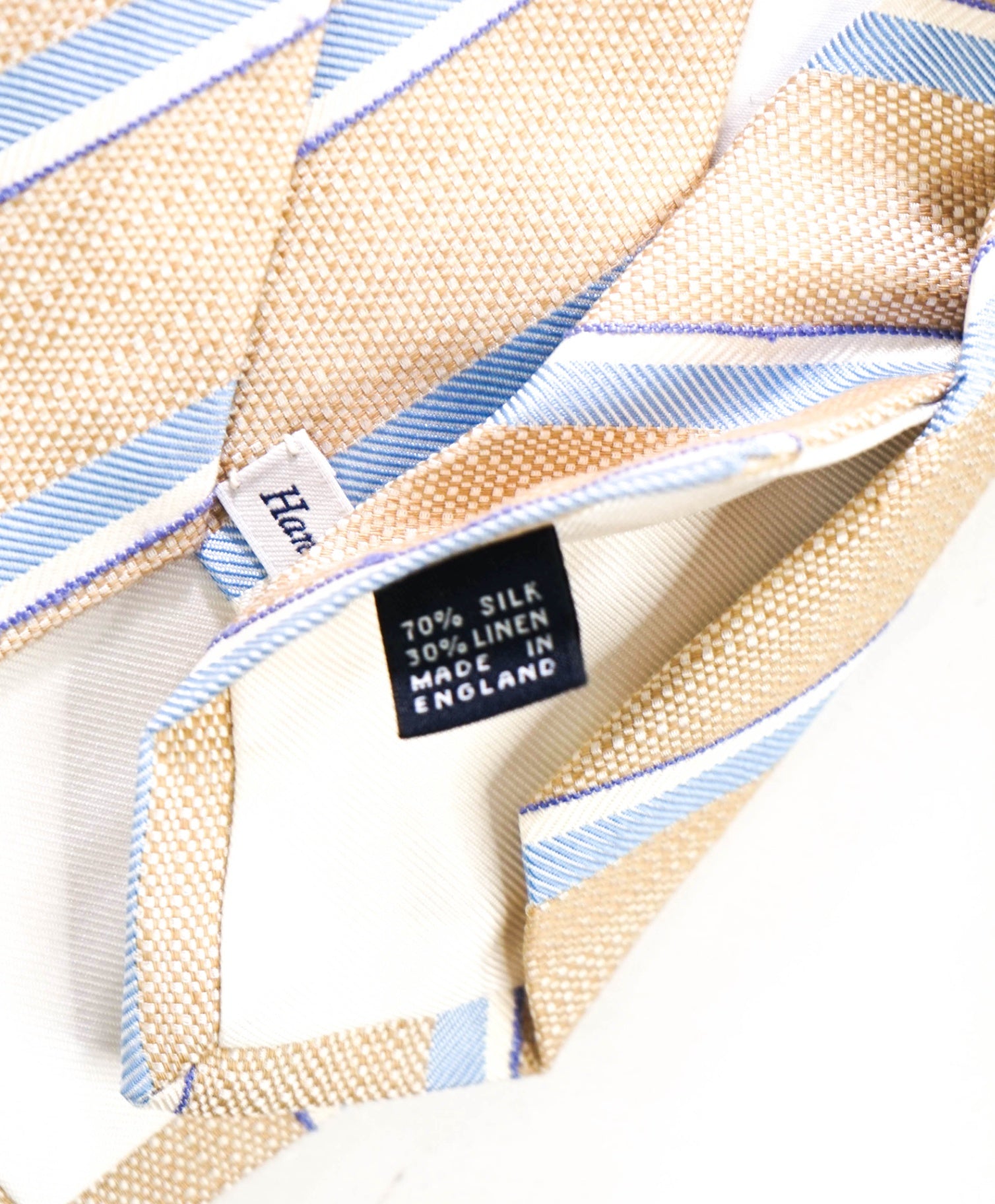 $275 DRAKE'S - Textured Tan/Blue Stripe Silk/Linen - 3.25" Tie