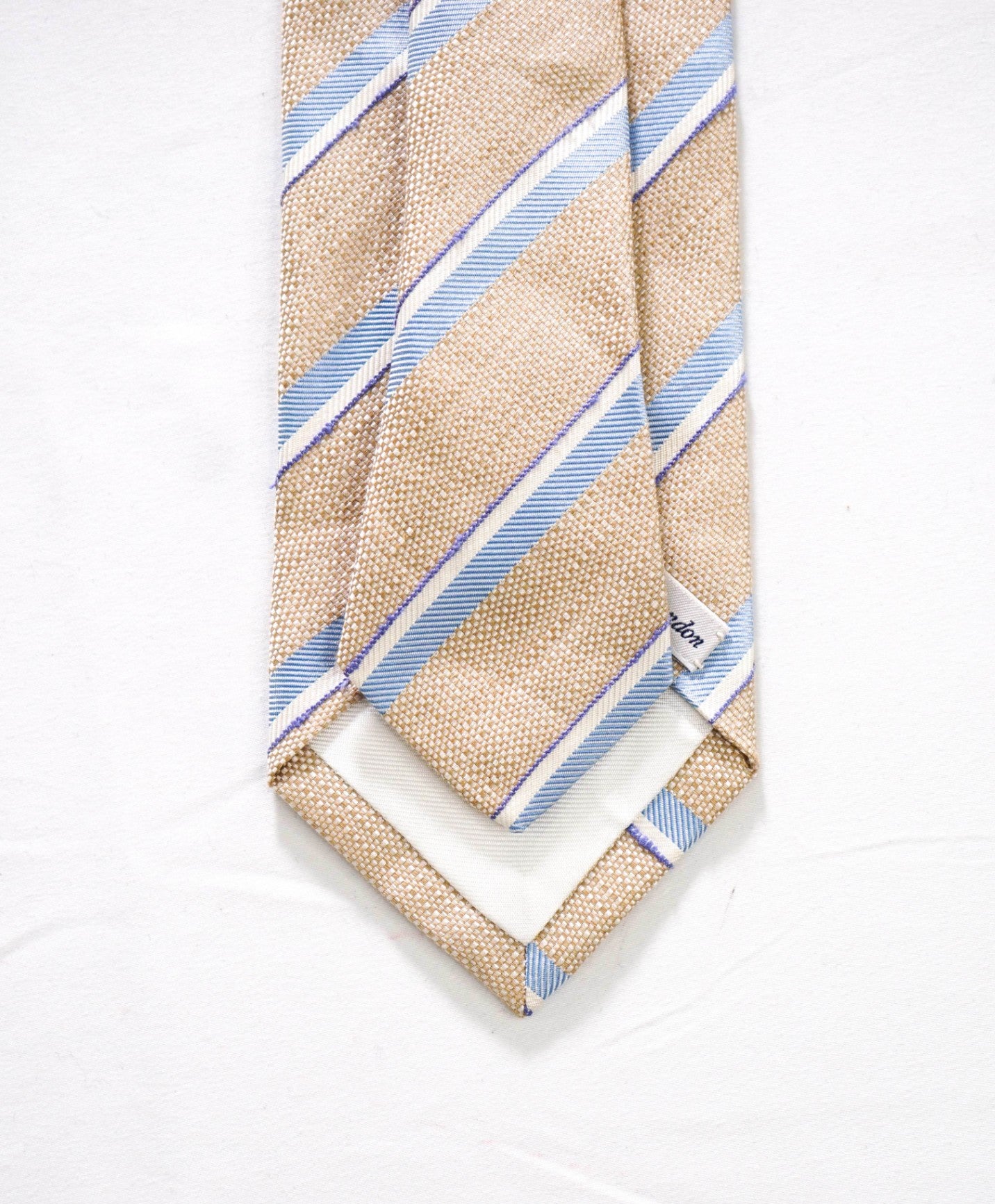 $275 DRAKE'S - Textured Tan/Blue Stripe Silk/Linen - 3.25" Tie