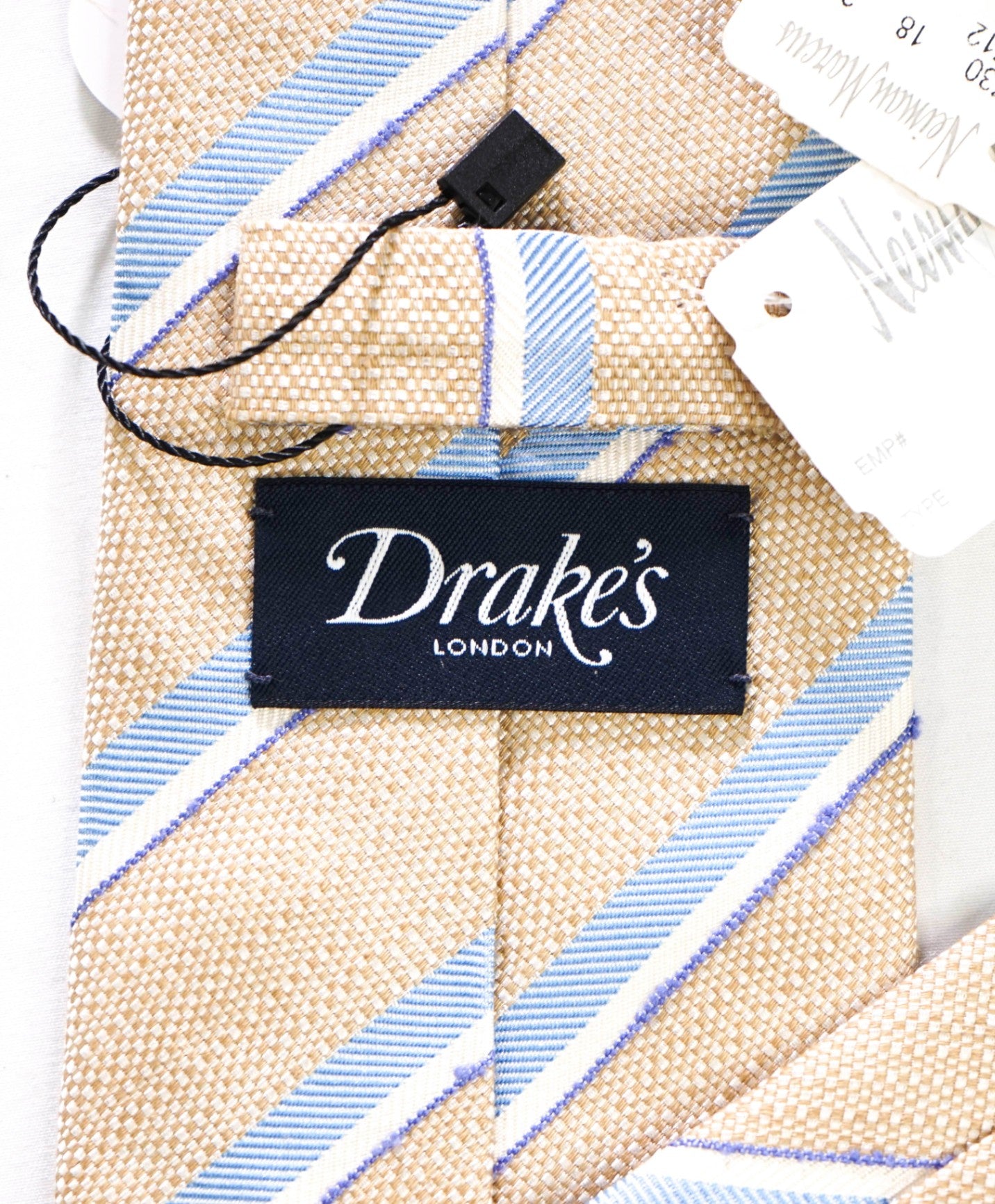 $275 DRAKE'S - Textured Tan/Blue Stripe Silk/Linen - 3.25" Tie