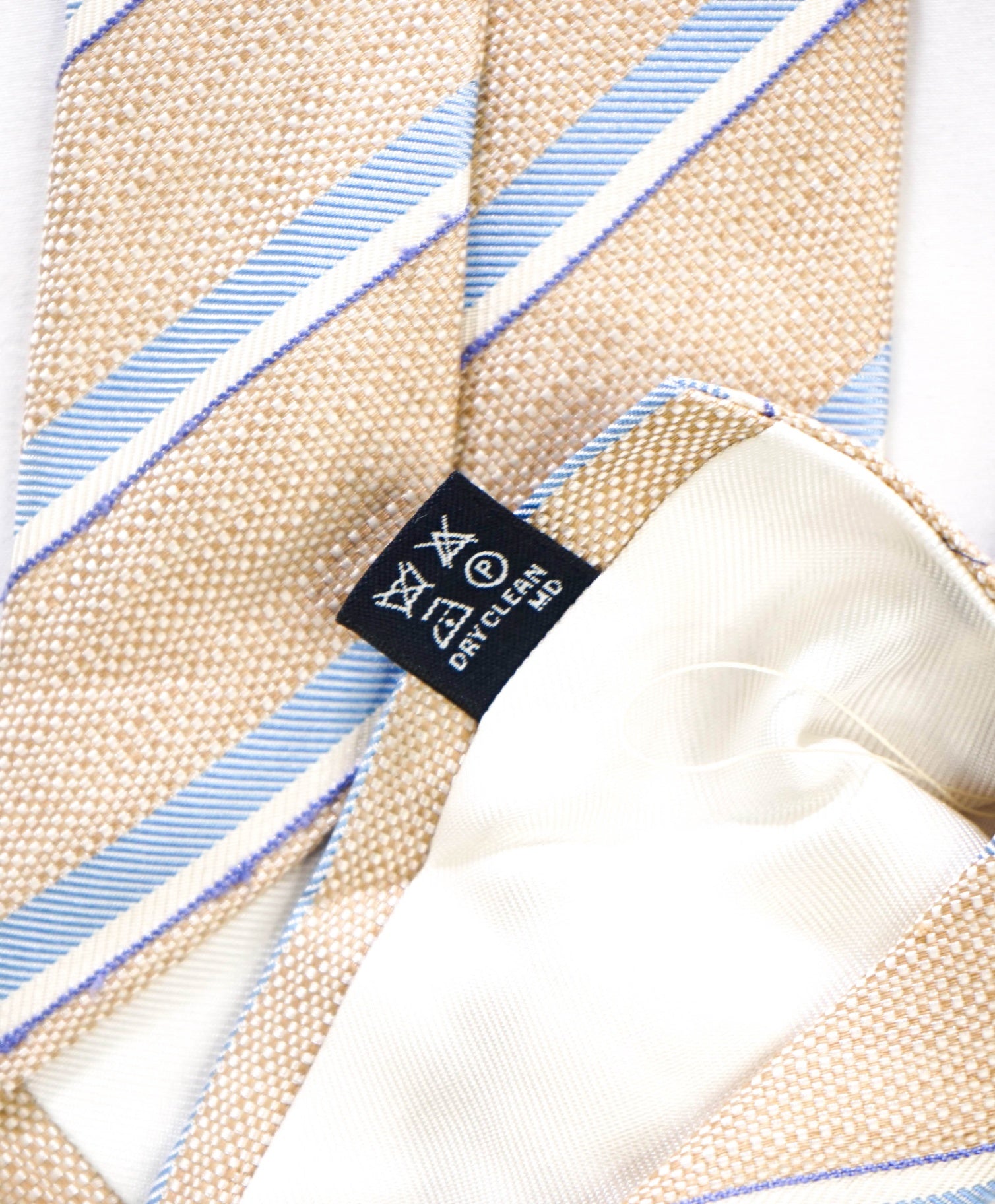 $275 DRAKE'S - Textured Tan/Blue Stripe Silk/Linen - 3.25" Tie