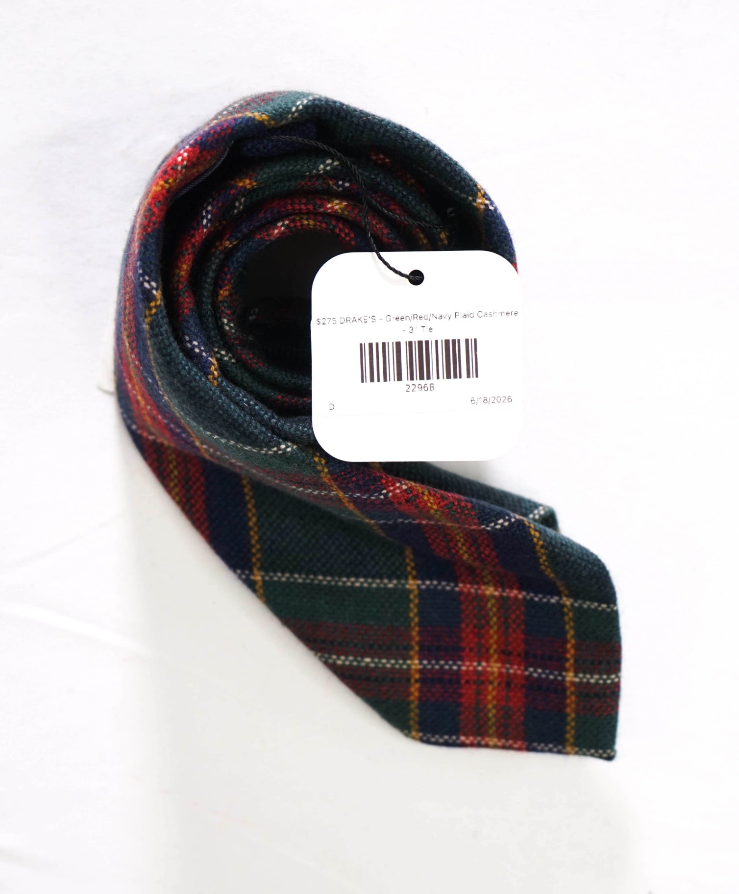 $275 DRAKE'S - Green/Red/Navy Plaid PURE Cashmere - 3" Tie