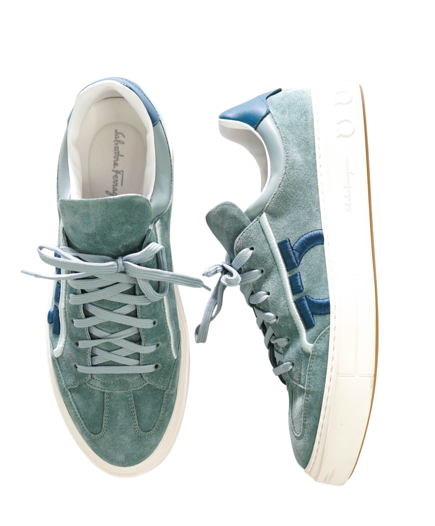 $795 FERRAGAMO - Teal Suede/Leather "BORG 12" Sneakers - 10 M