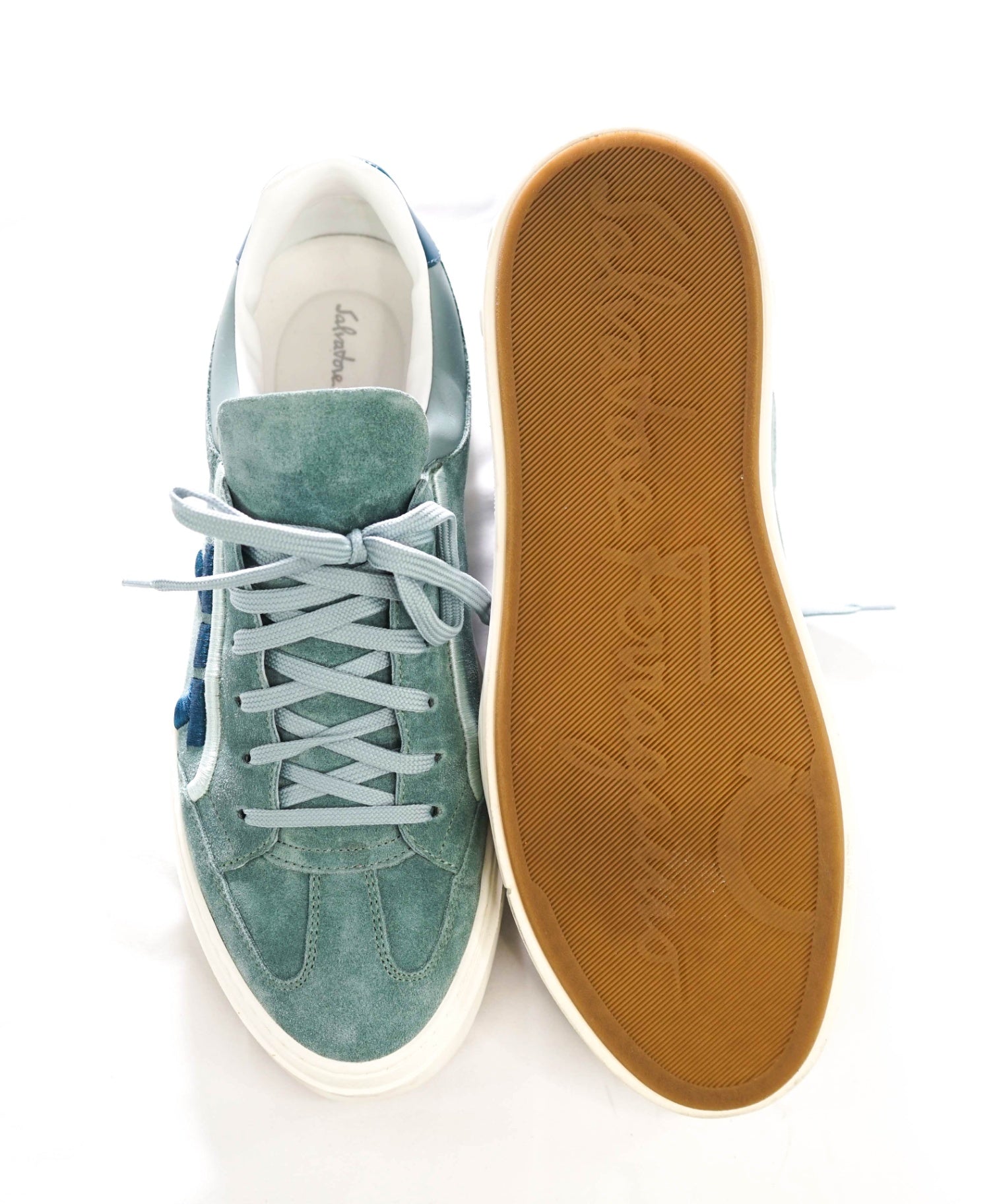 $795 FERRAGAMO - Teal Suede/Leather "BORG 12" Sneakers - 10 M