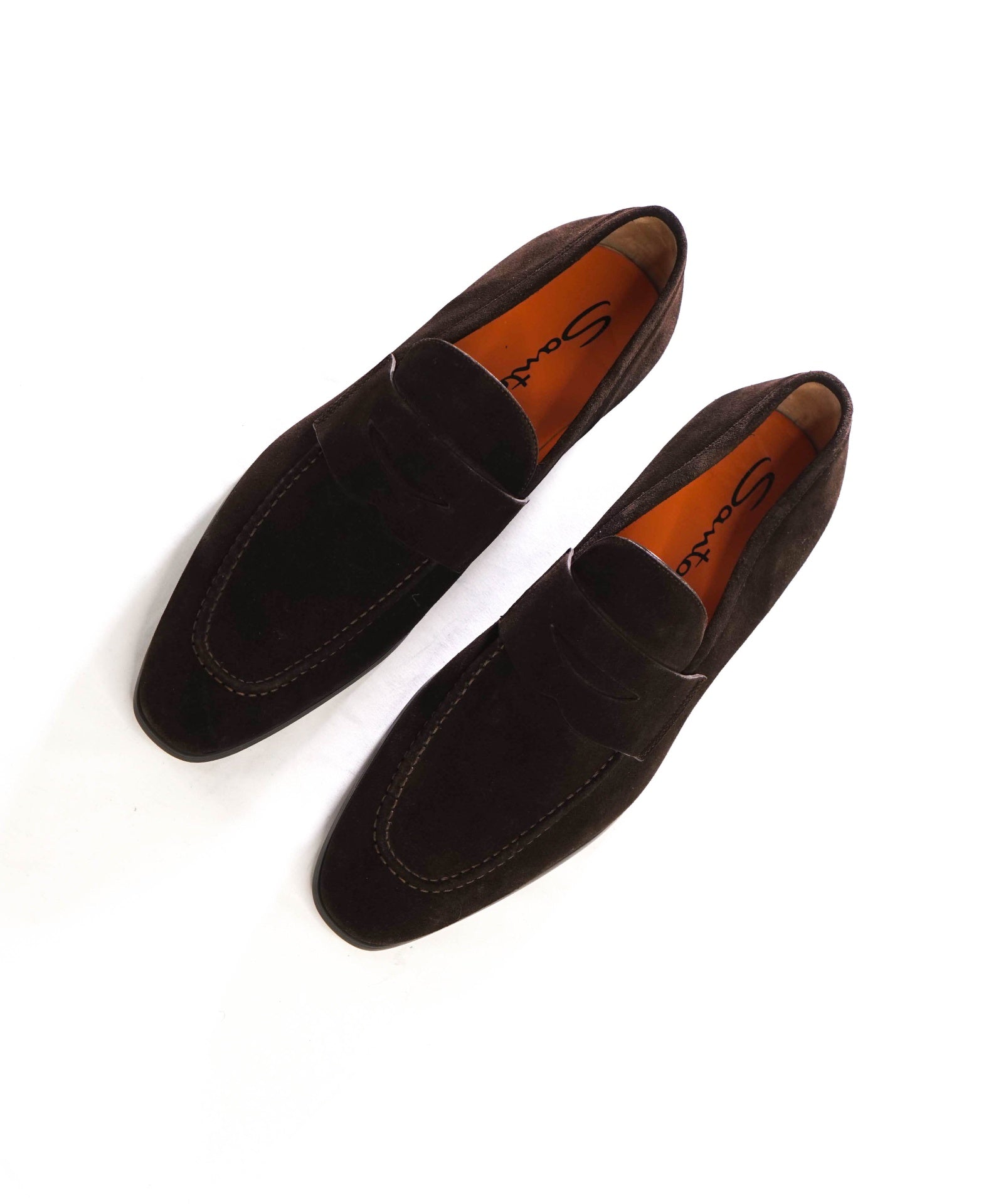 $795 SANTONI - Brown Suede Penny Loafers - 10