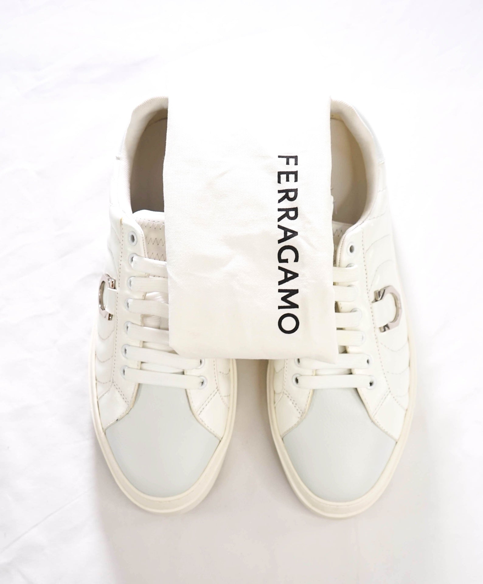 $750 FERRAGAMO - White Leather Sneakers - 12 M