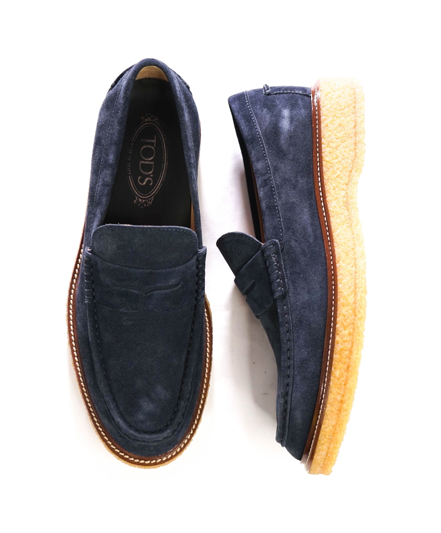 $925 TOD'S - Navy Blue Suede Lug-Sole Penny Loafers - US 8 (7UK)