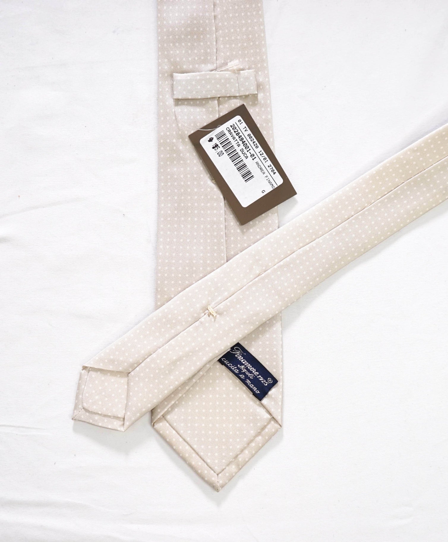 $195 FINAMORE - Beige Polka Dot Silk - 3" Tie
