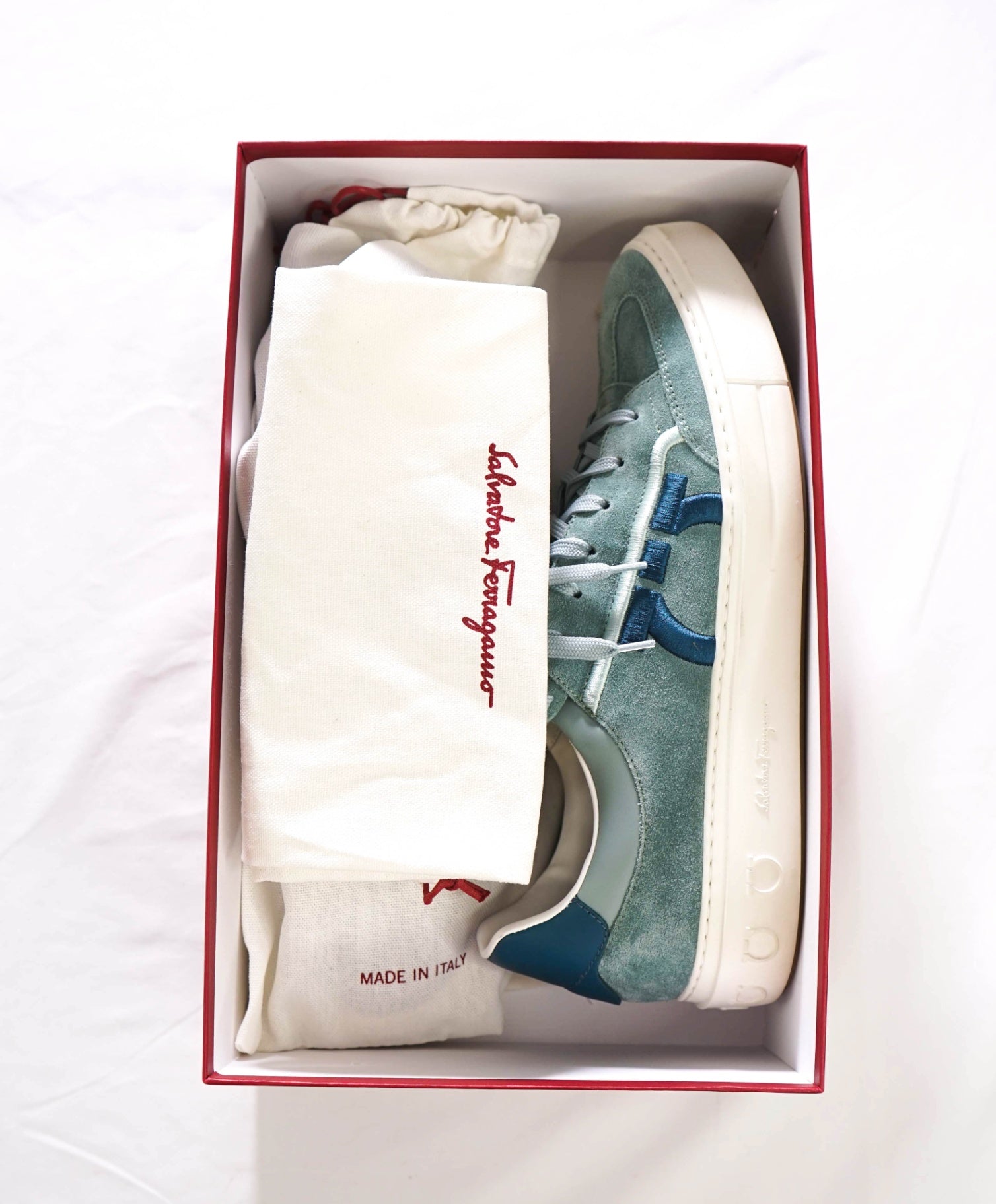 $795 FERRAGAMO - Teal Suede/Leather "BORG 12" Sneakers - 10 M