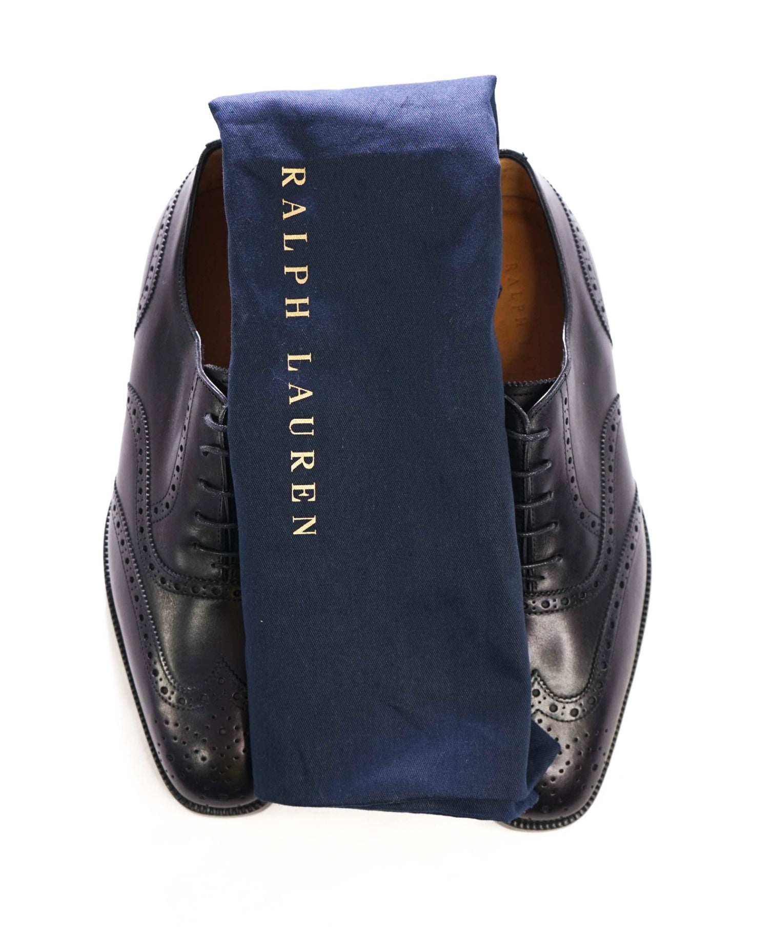 $1,350 RALPH LAUREN - Black Leather Wingtip Oxfords - 9 E