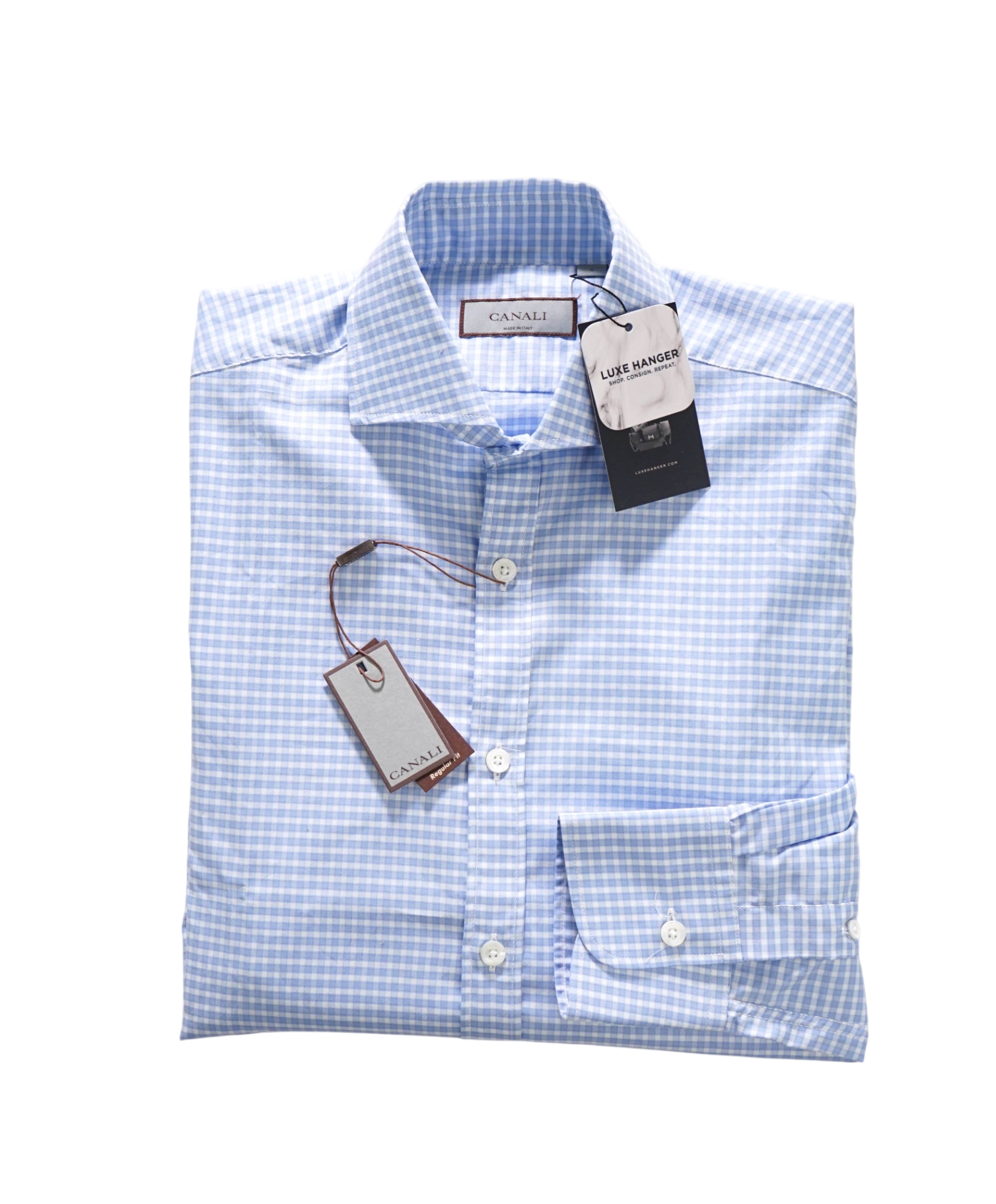 $375 CANALI - Blue Gingham Cotton Shirt - S