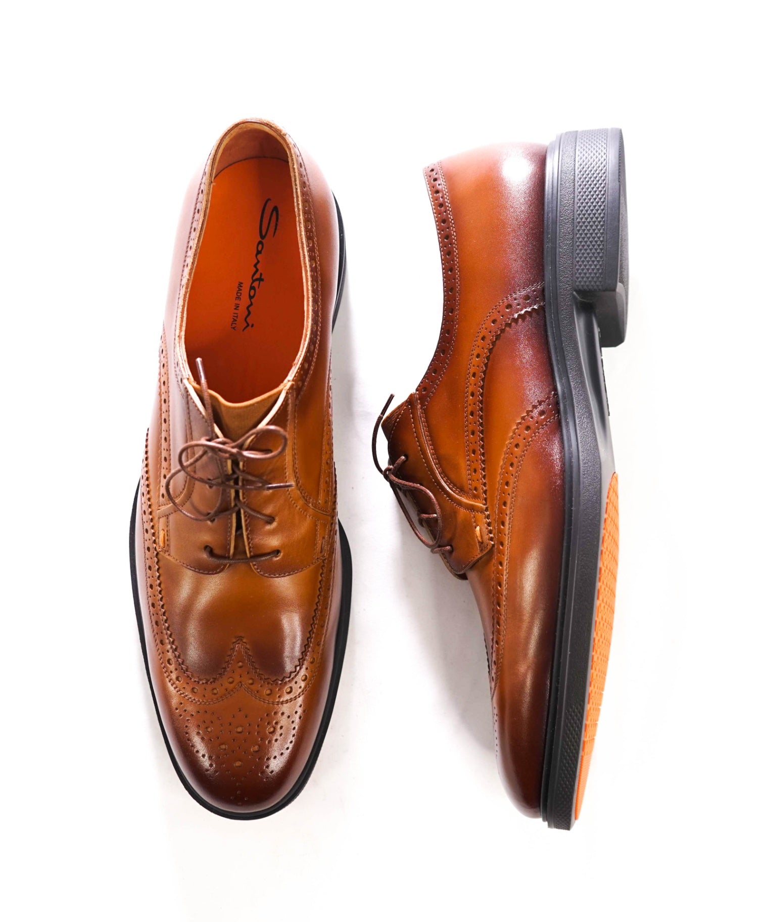 $1,090 SANTONI - Brown Leather Wingtip Derby - US 13 (12UK)