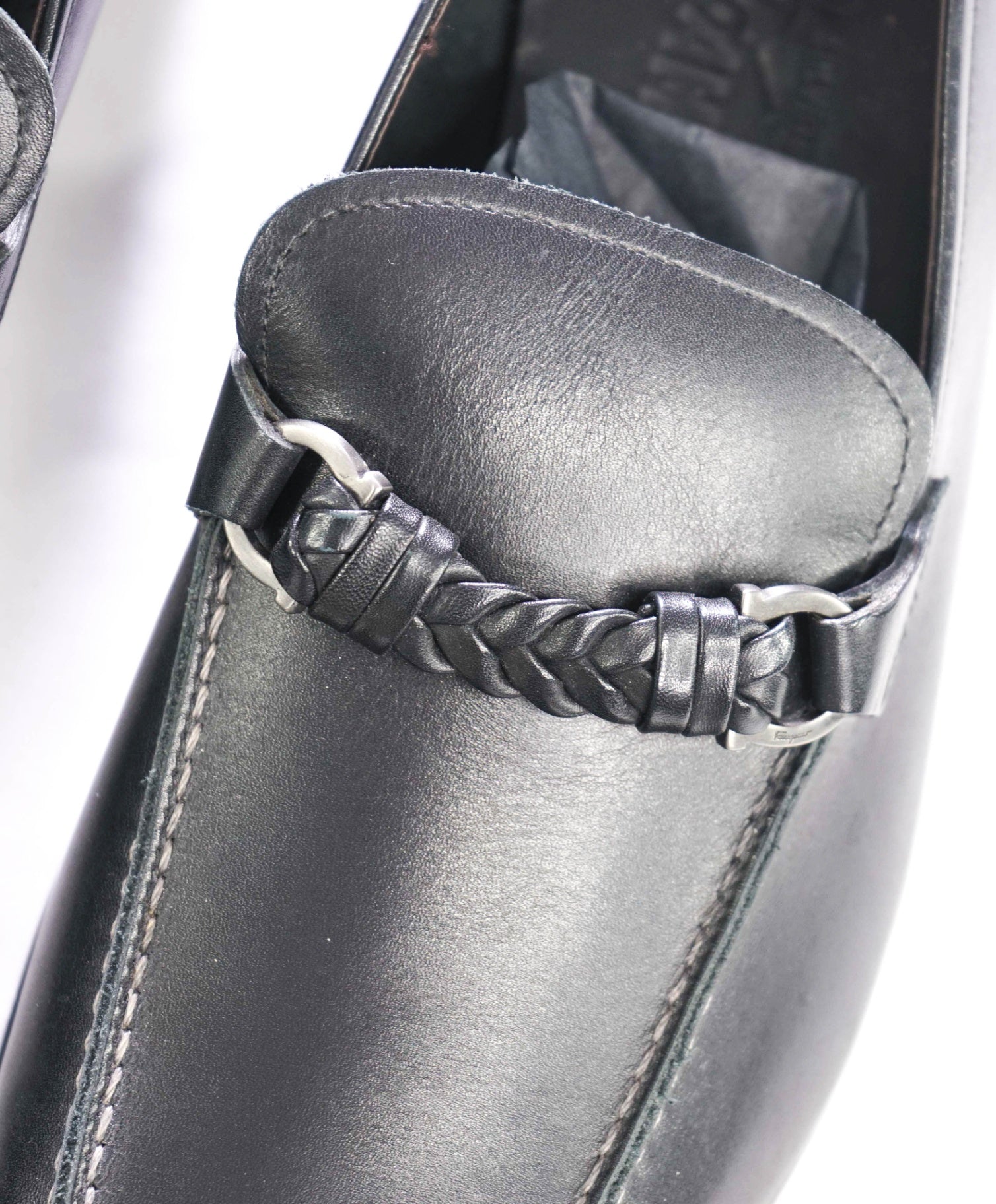 $850 FERRAGAMO - NELLY Black Leather Braided Loafers - 12 D