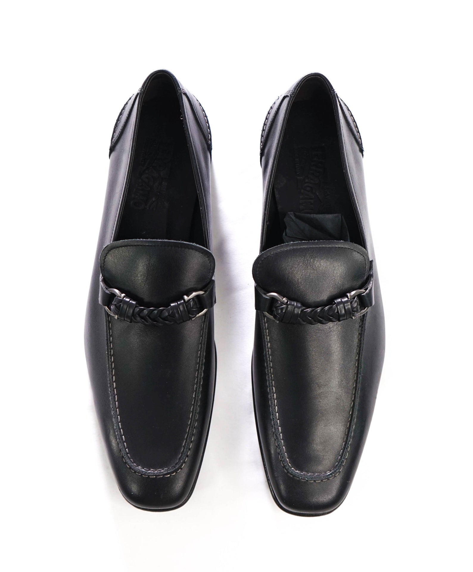 $850 FERRAGAMO - NELLY Black Leather Braided Loafers - 12 D