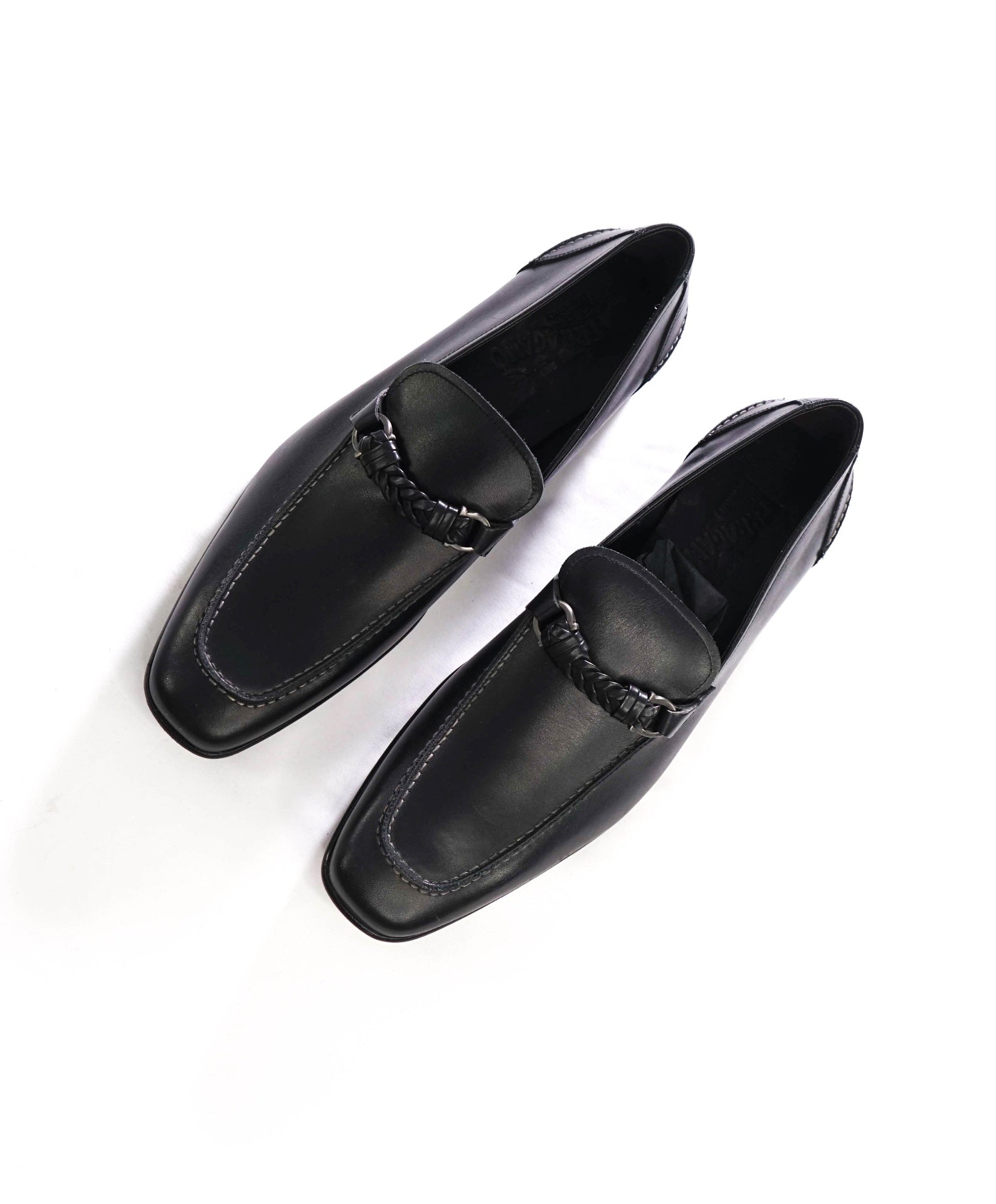 $850 FERRAGAMO - NELLY Black Leather Braided Loafers - 12 D