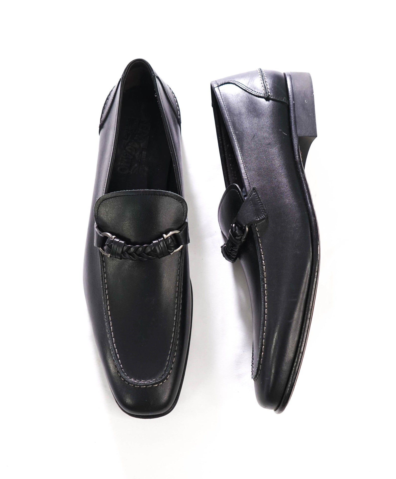 $850 FERRAGAMO - NELLY Black Leather Braided Loafers - 12 D