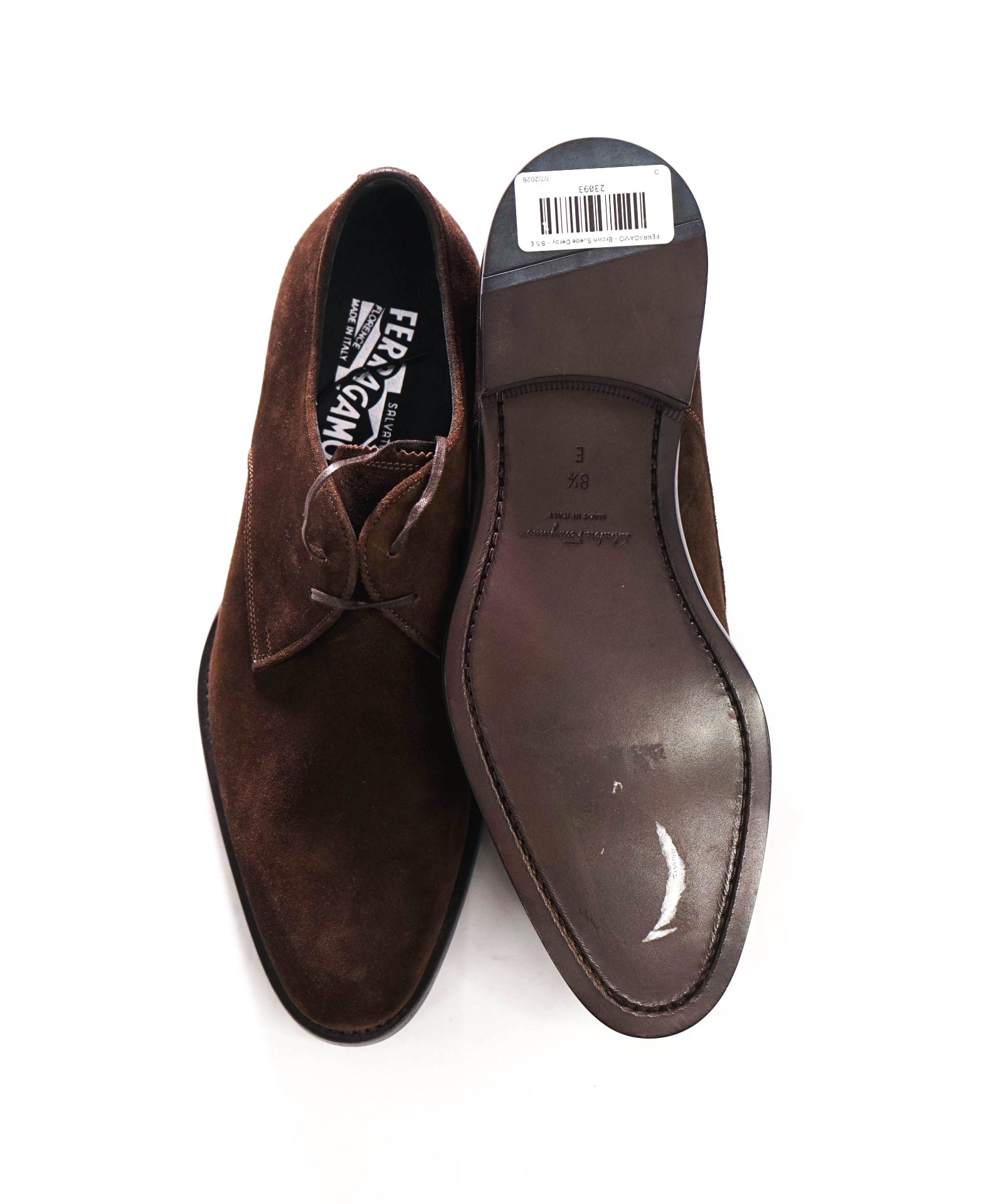 $880 FERRAGAMO - Brown Suede Derby - 8.5 E