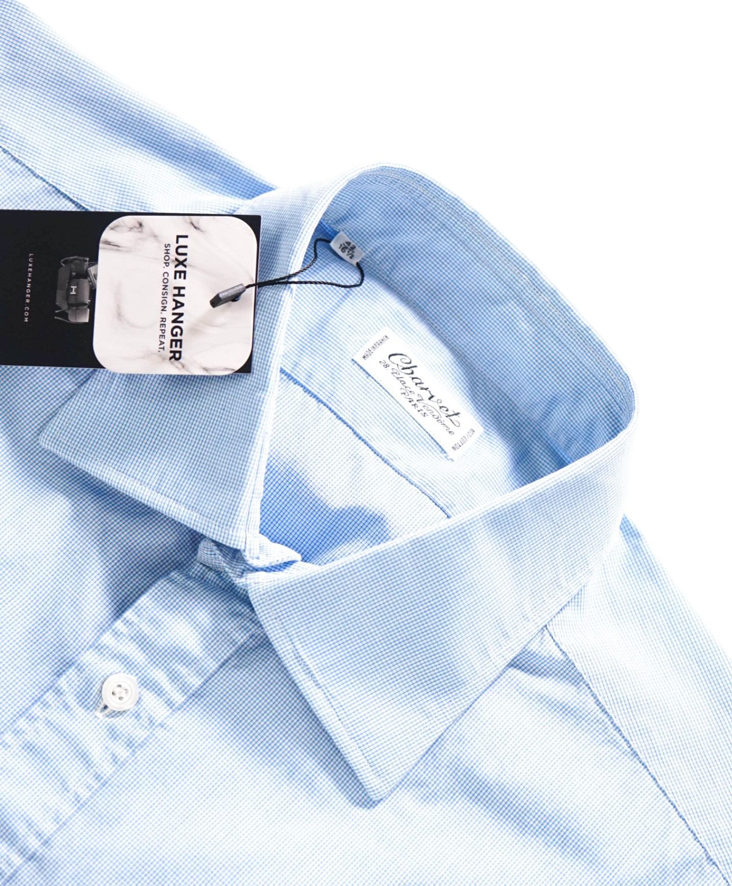 $765 CHARVET - Light Blue Micro Check Cotton Shirt - 16.5