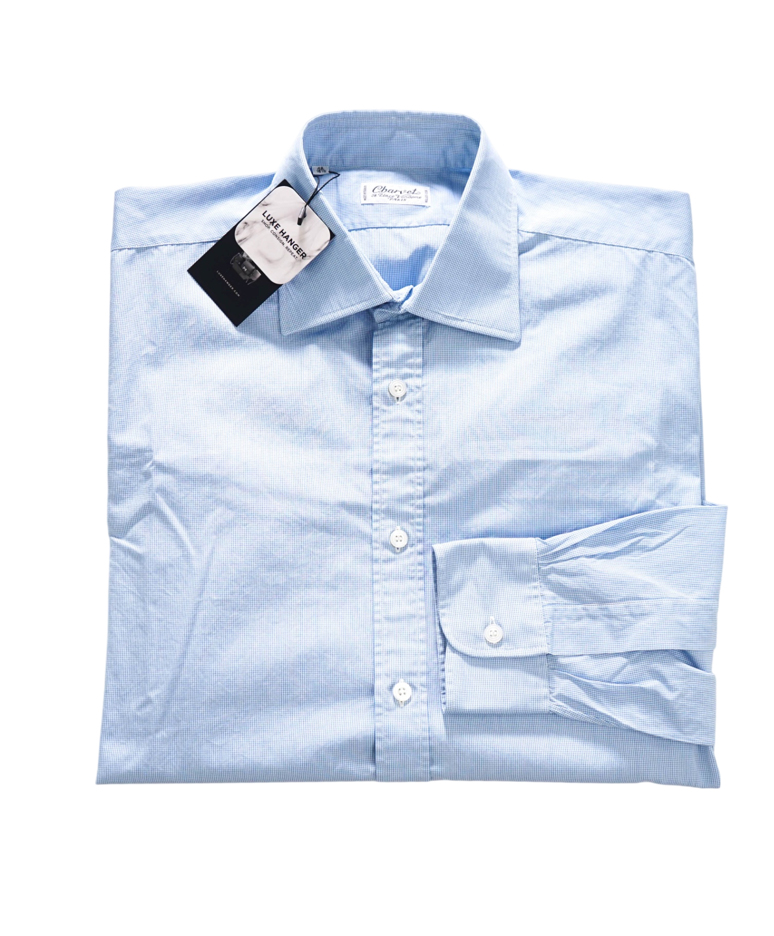 $765 CHARVET - Light Blue Micro Check Cotton Shirt - 16.5