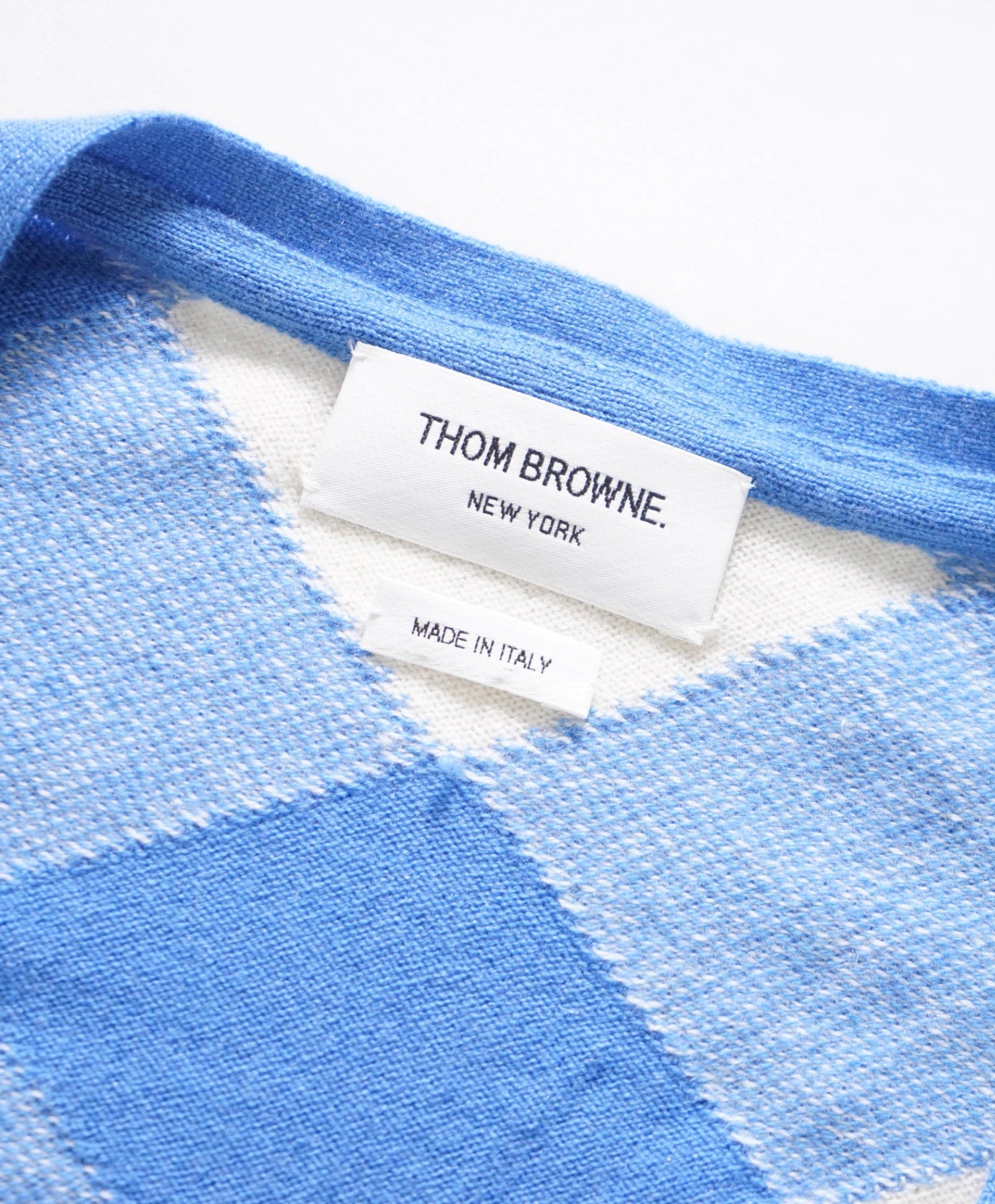 THOM BROWNE - Blue/White Argyle Cashmere Cardigan - XL