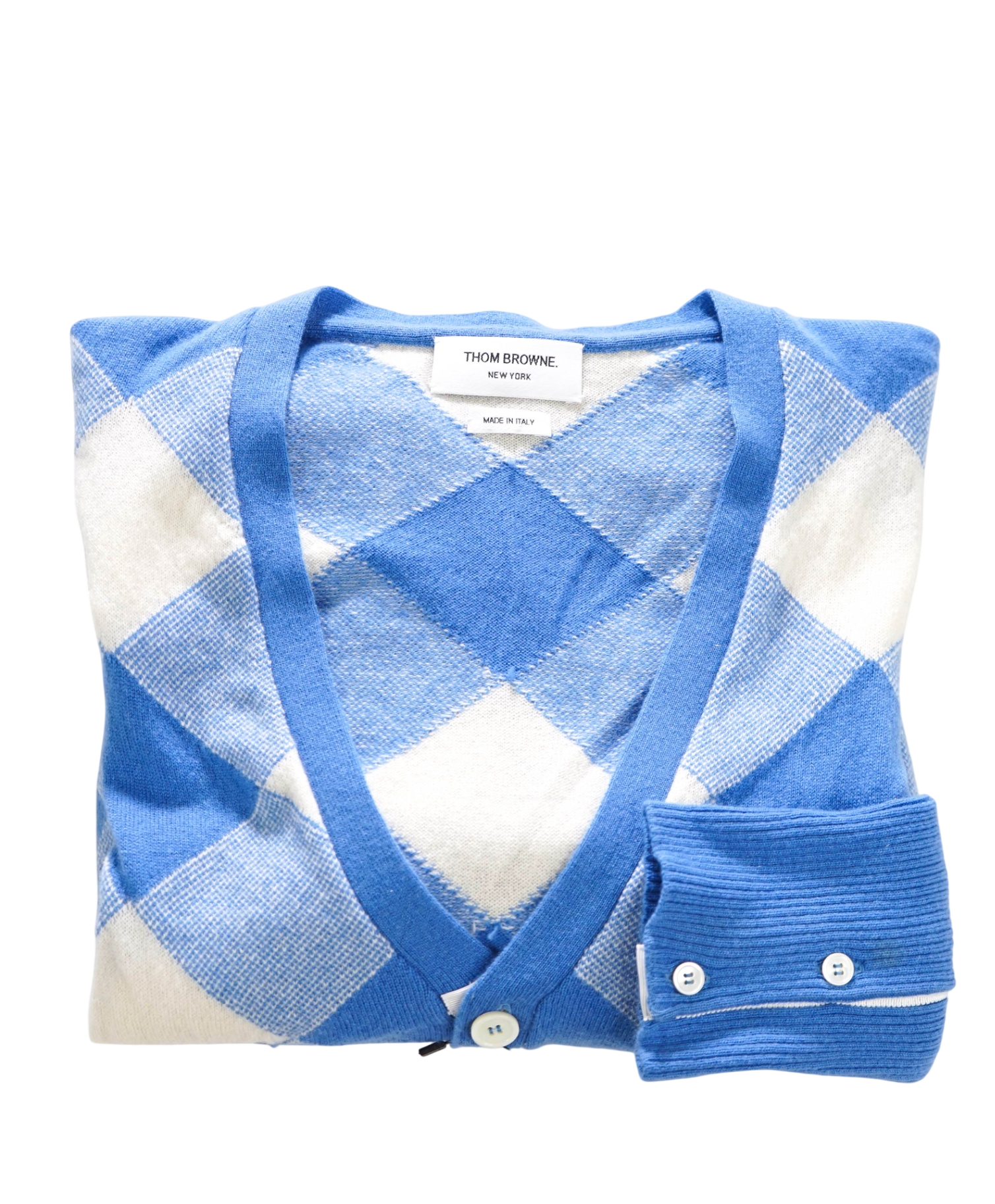 THOM BROWNE - Blue/White Argyle Cashmere Cardigan - XL