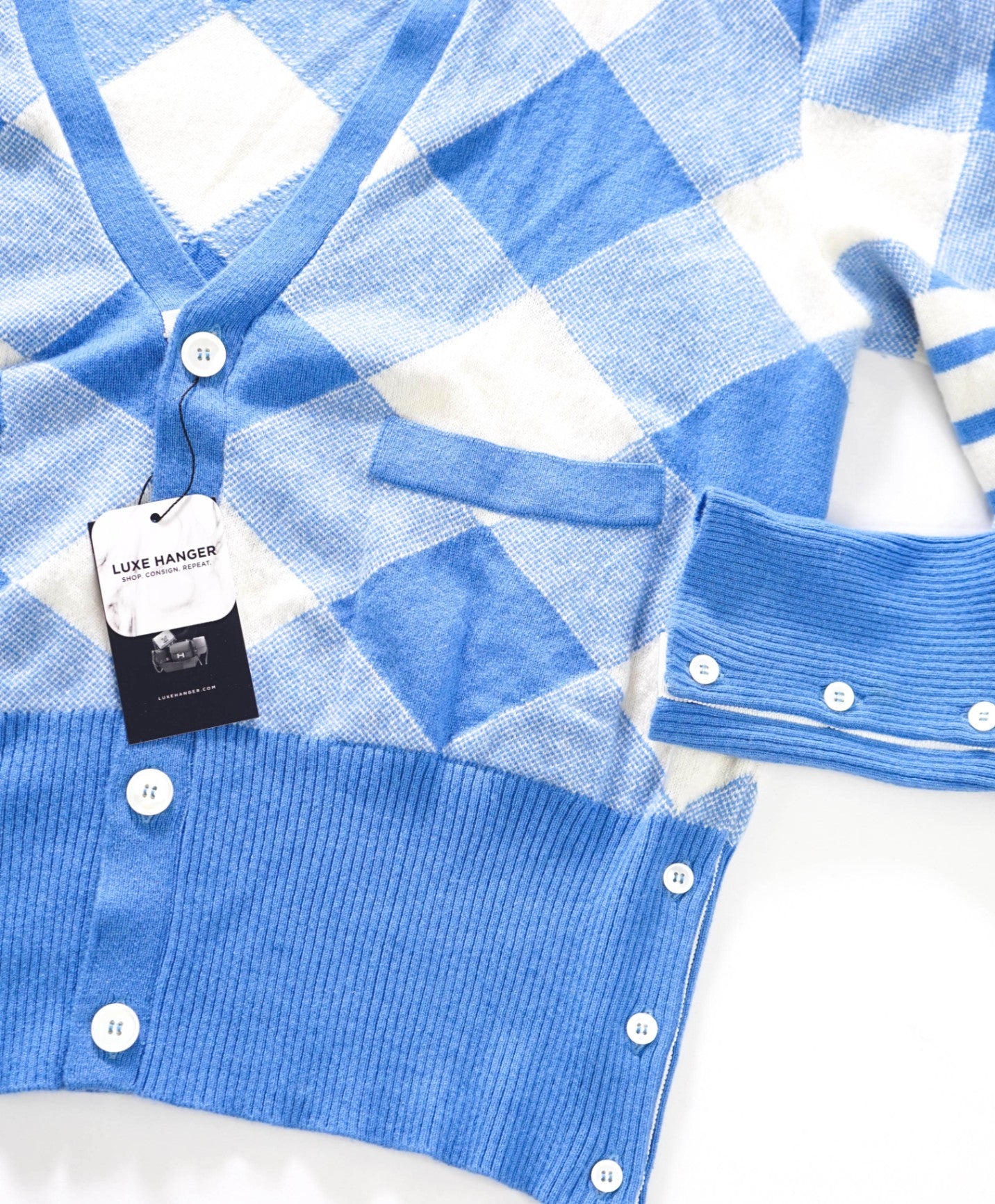 THOM BROWNE - Blue/White Argyle Cashmere Cardigan - XL