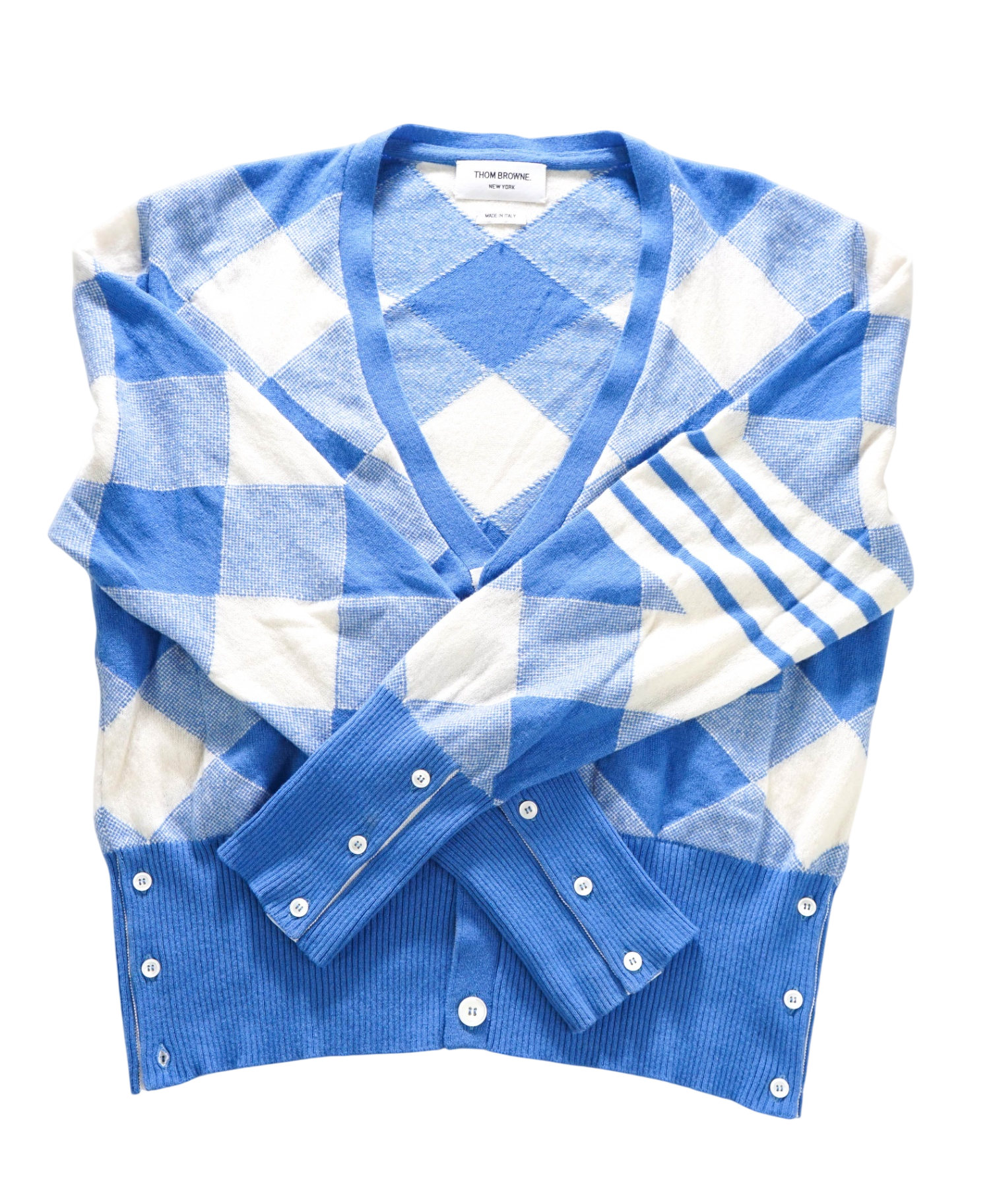 THOM BROWNE - Blue/White Argyle Cashmere Cardigan - XL