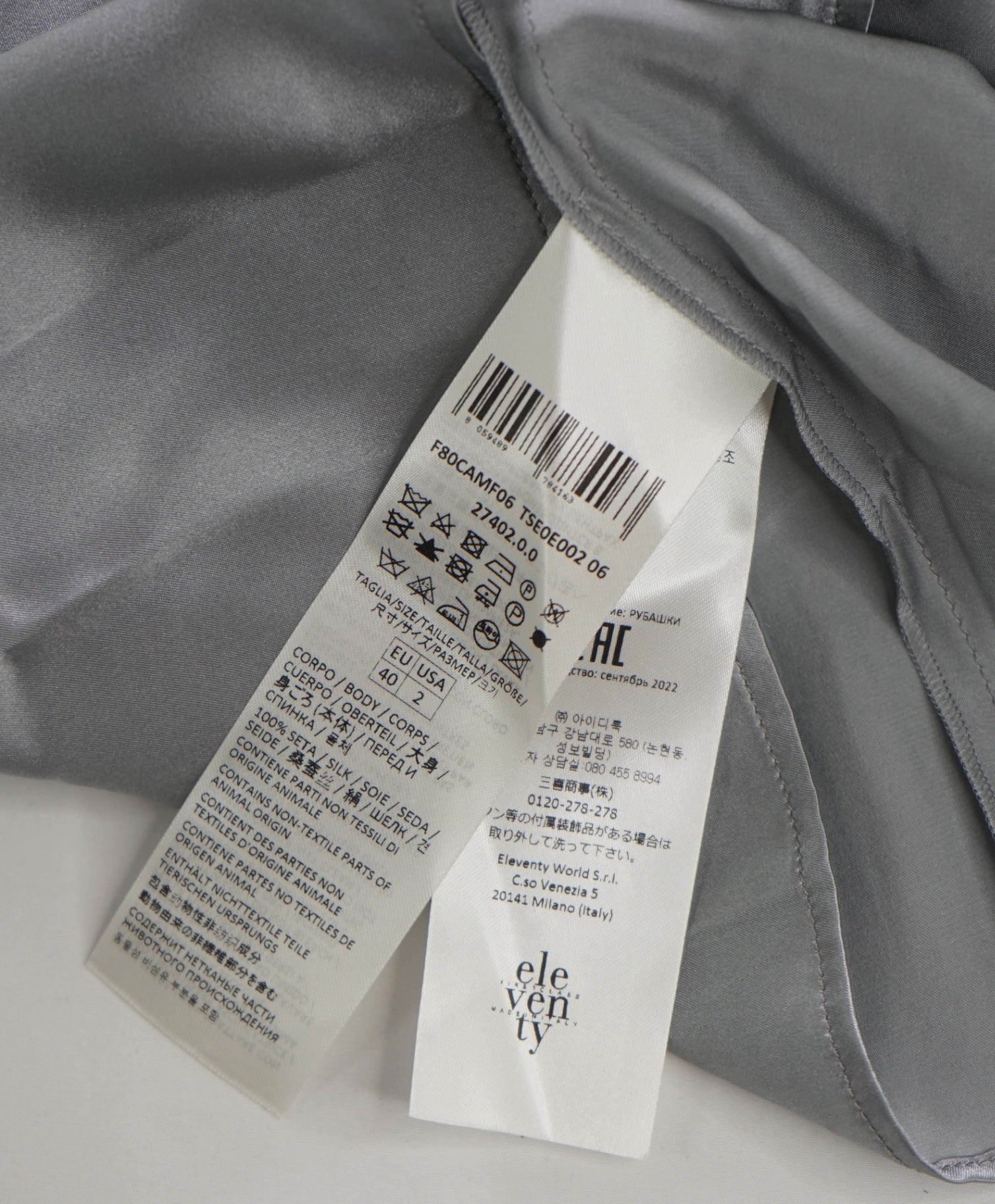 $795 ELEVENTY - Silver Silk Shirt - 2 US