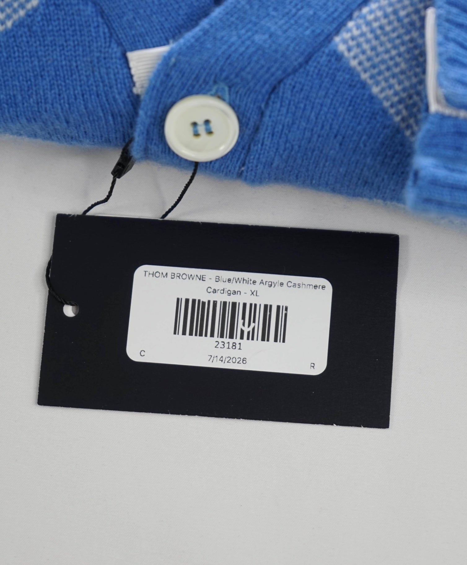 THOM BROWNE - Blue/White Argyle Cashmere Cardigan - XL