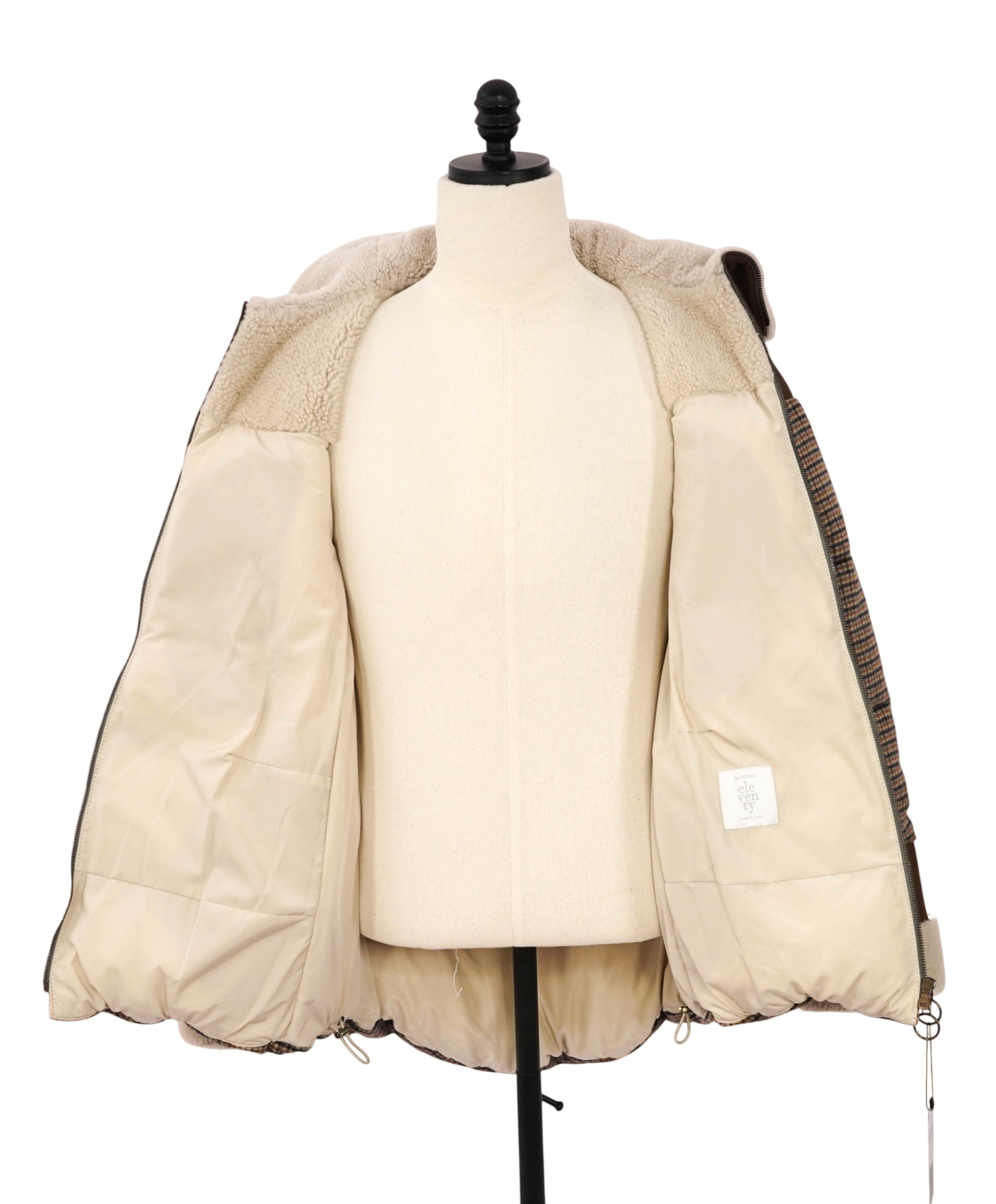 $2,995 ELEVENTY - Brown Stripe Wool/Leather/Fur Puffer Coat - S