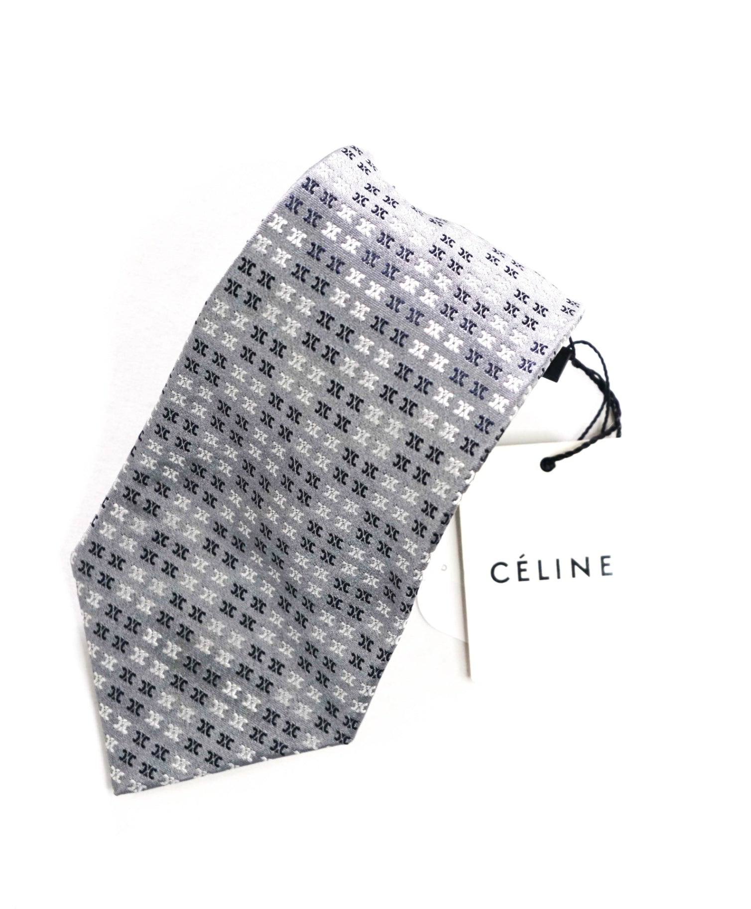 $195 CELINE - Silver/Black LOGO Silk - 3.5" Tie