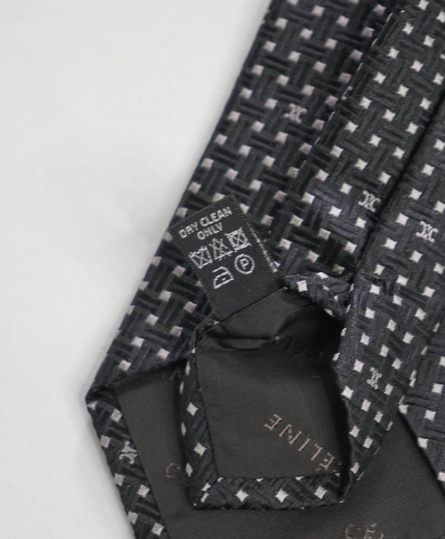 $195 CELINE - Black/Silver Basket Weave Motif Silk - 3.25" Tie